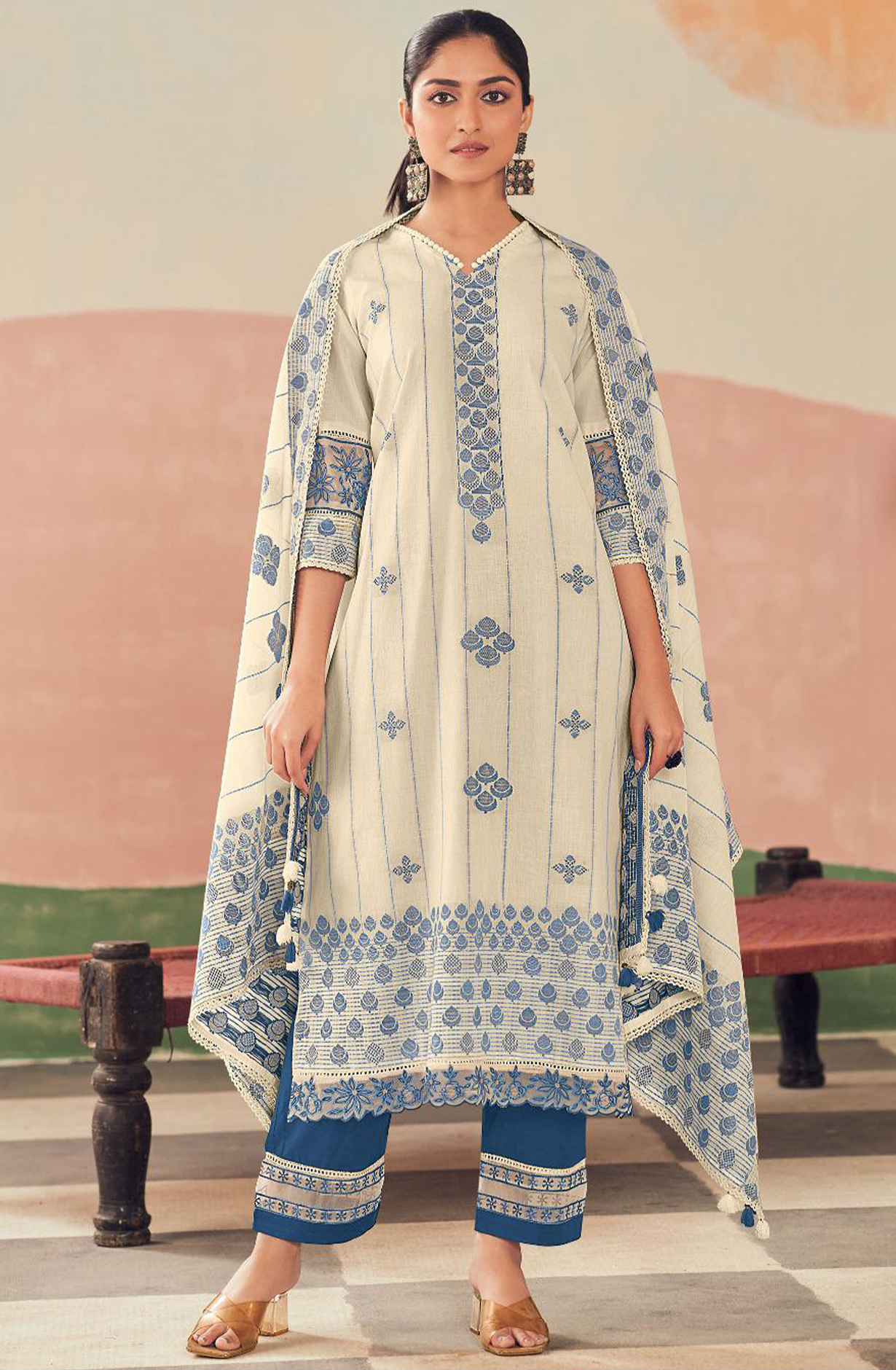 Blue Pure Cotton Embroidered Suit with Dupatta - RAH10004