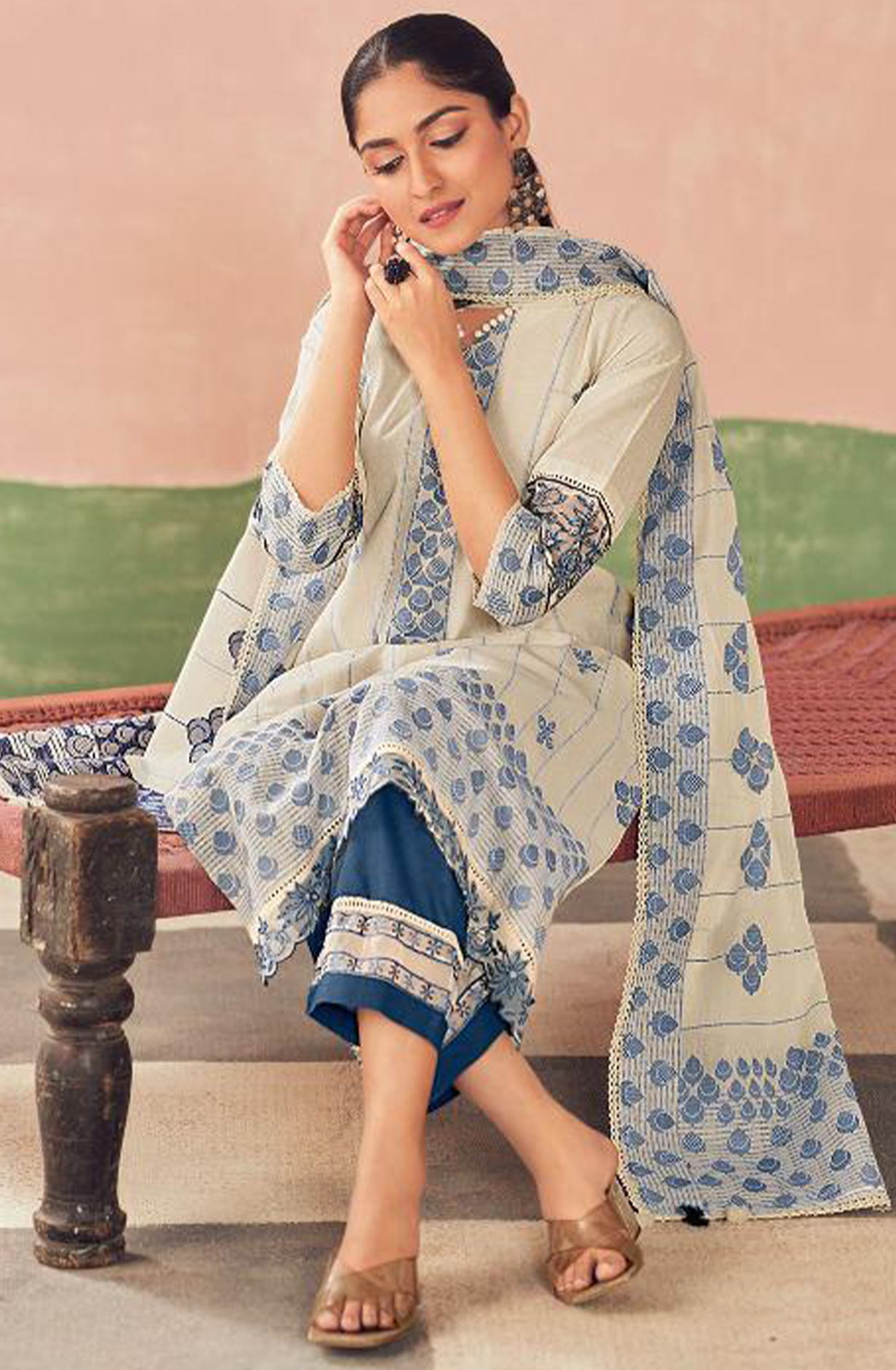 Blue Pure Cotton Embroidered Suit with Dupatta - RAH10004