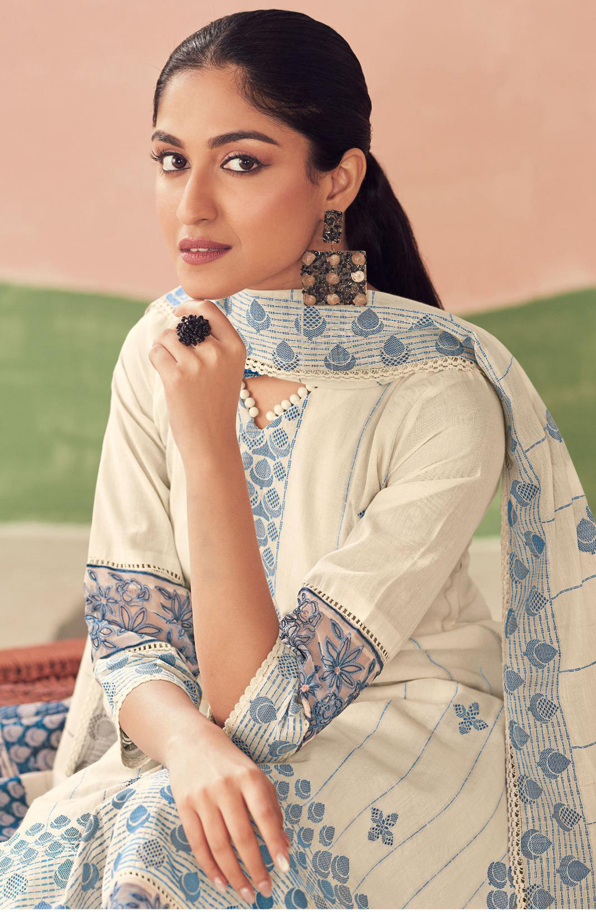 Blue Pure Cotton Embroidered Suit with Dupatta - RAH10004