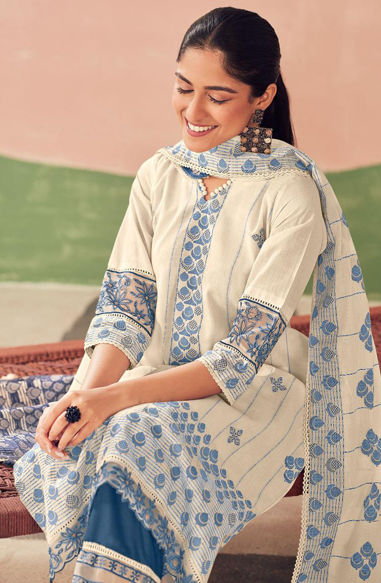 Blue Pure Cotton Embroidered Suit with Dupatta - RAH10004