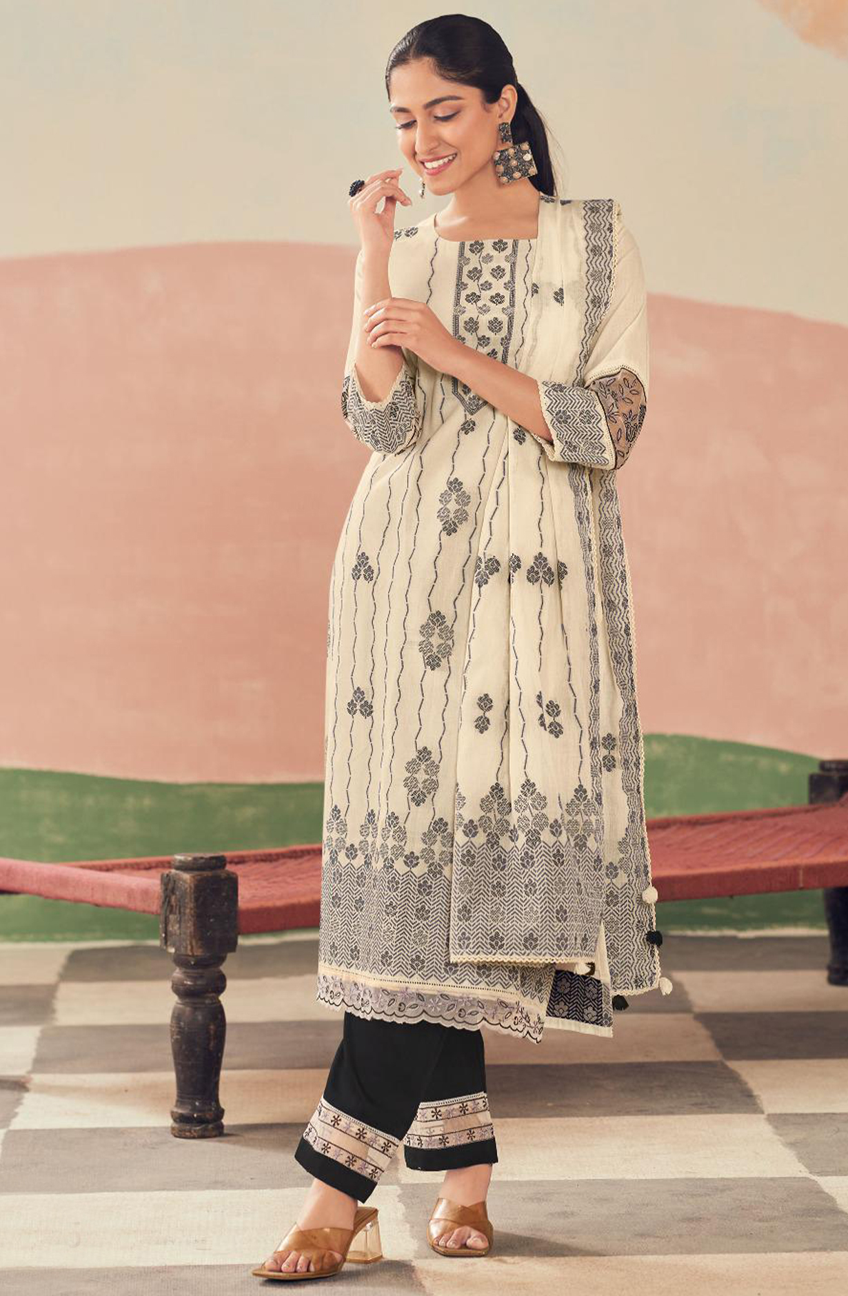 Black Pure Cotton Embroidered Suit with Dupatta - RAH10005