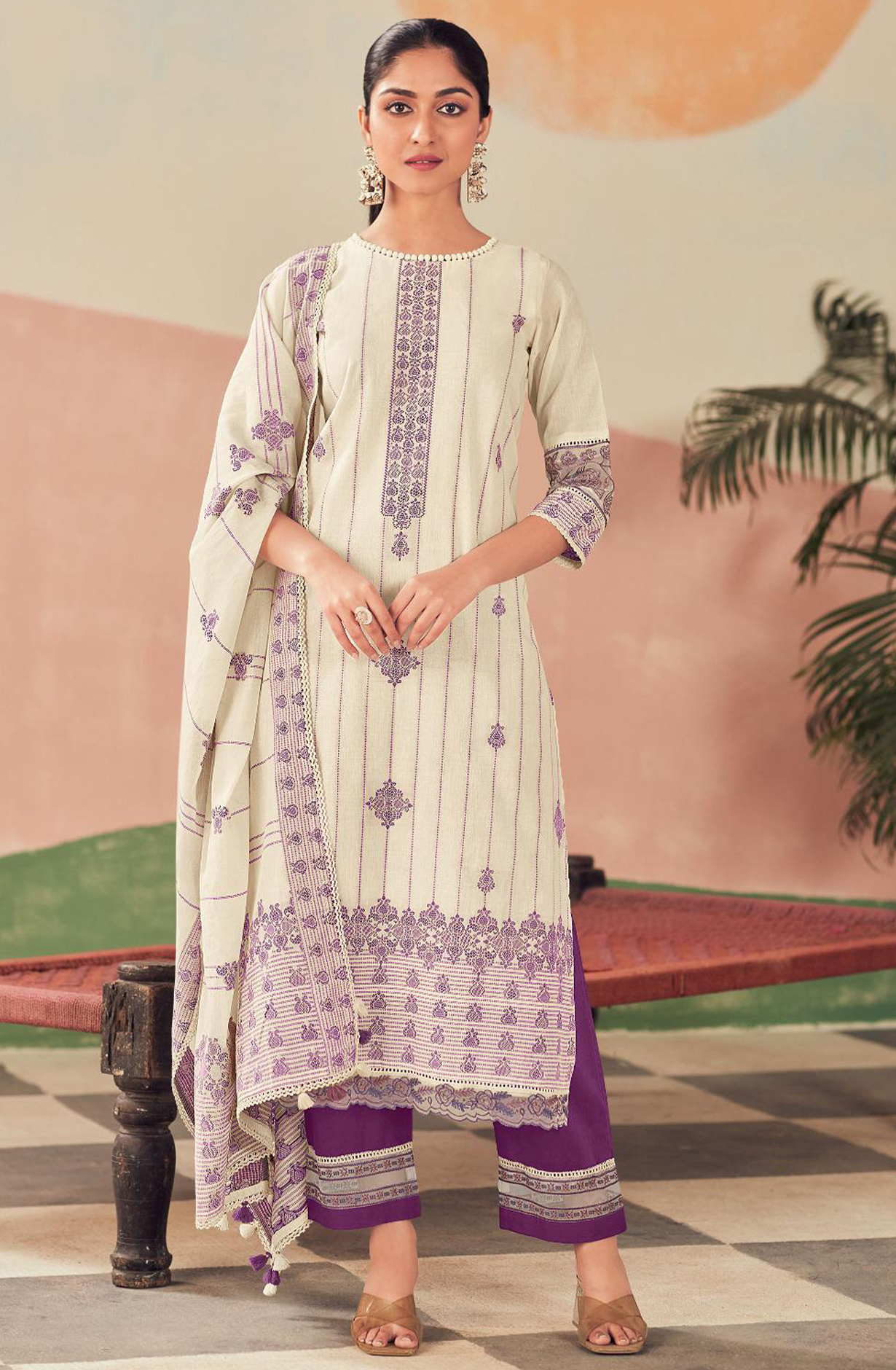 Purple Pure Cotton Embroidered Suit with Dupatta - RAH10006