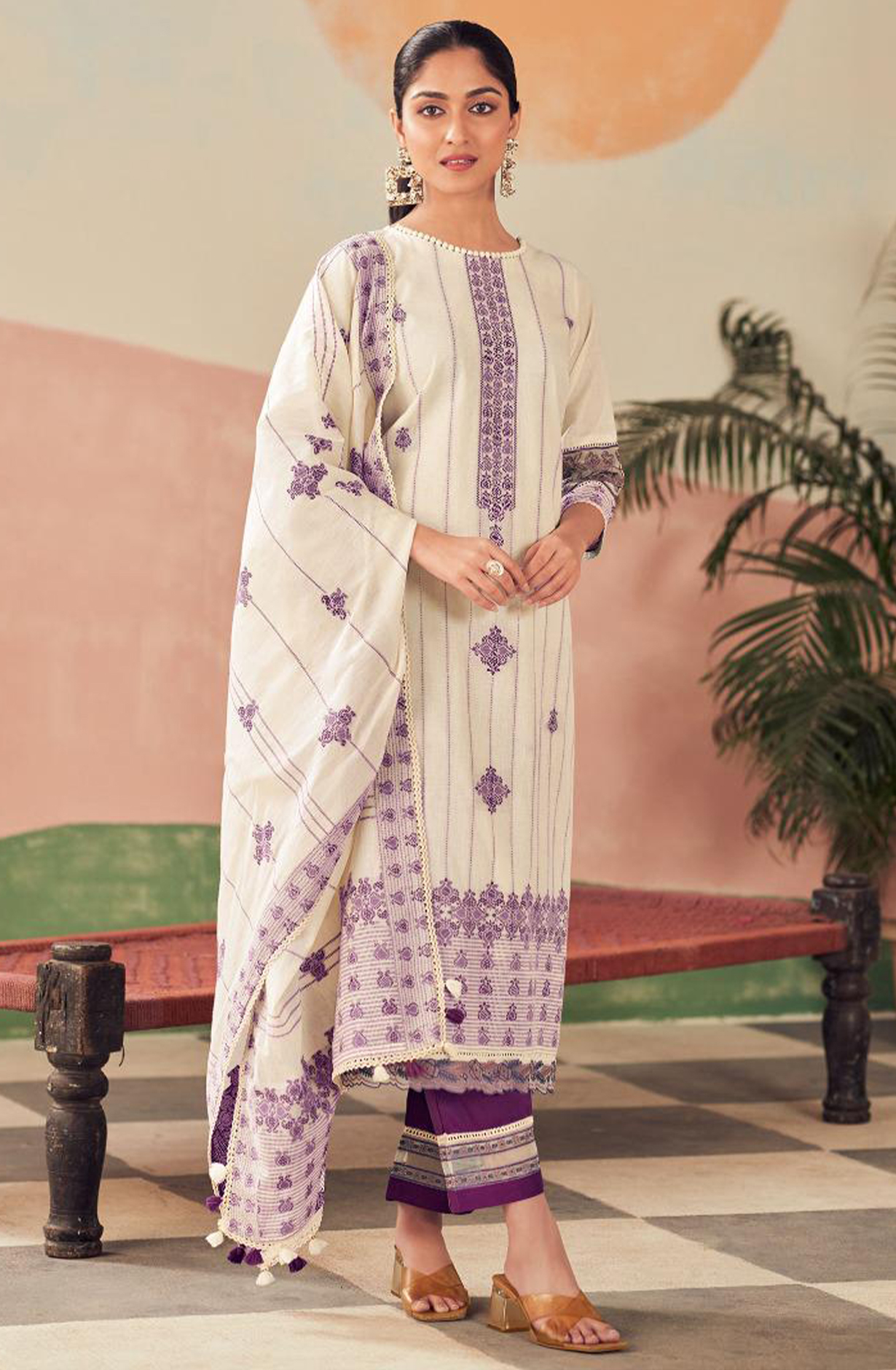 Purple Pure Cotton Embroidered Suit with Dupatta - RAH10006