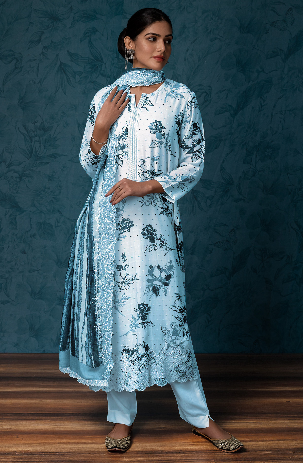 Teal and White Muslin Dobby with Digital Print Suit-set - RAN1840B