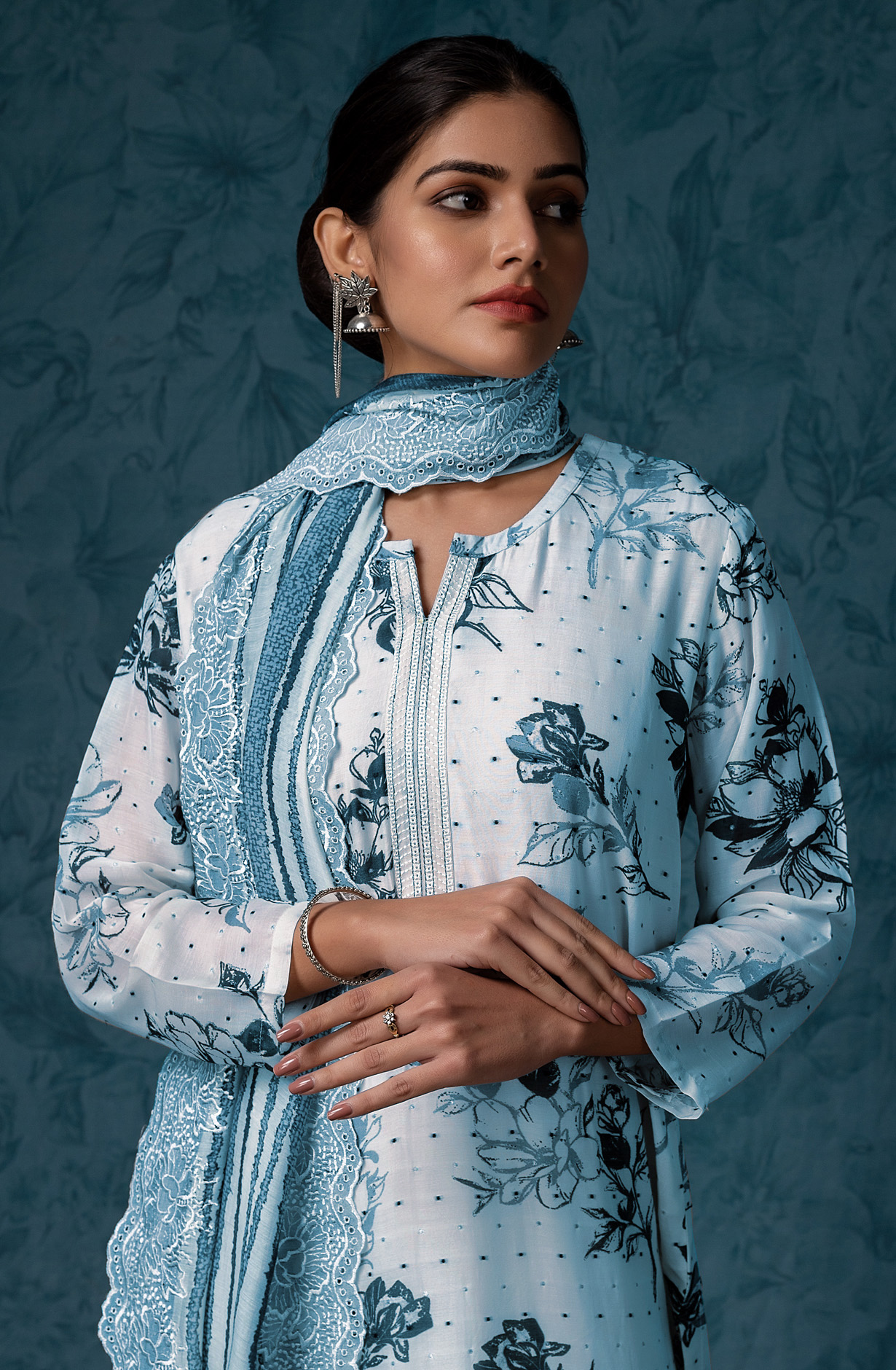 Teal and White Muslin Dobby with Digital Print Suit-set - RAN1840B