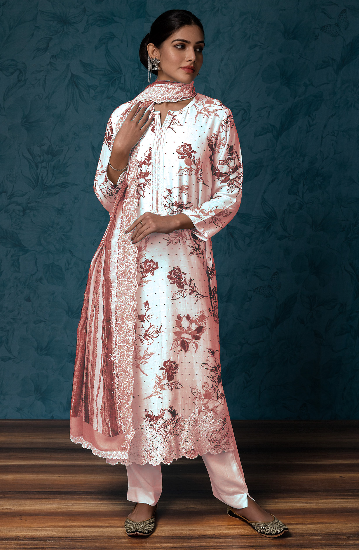 Mauve and White Muslin Dobby with Digital Print Suit-set - RAN1840C