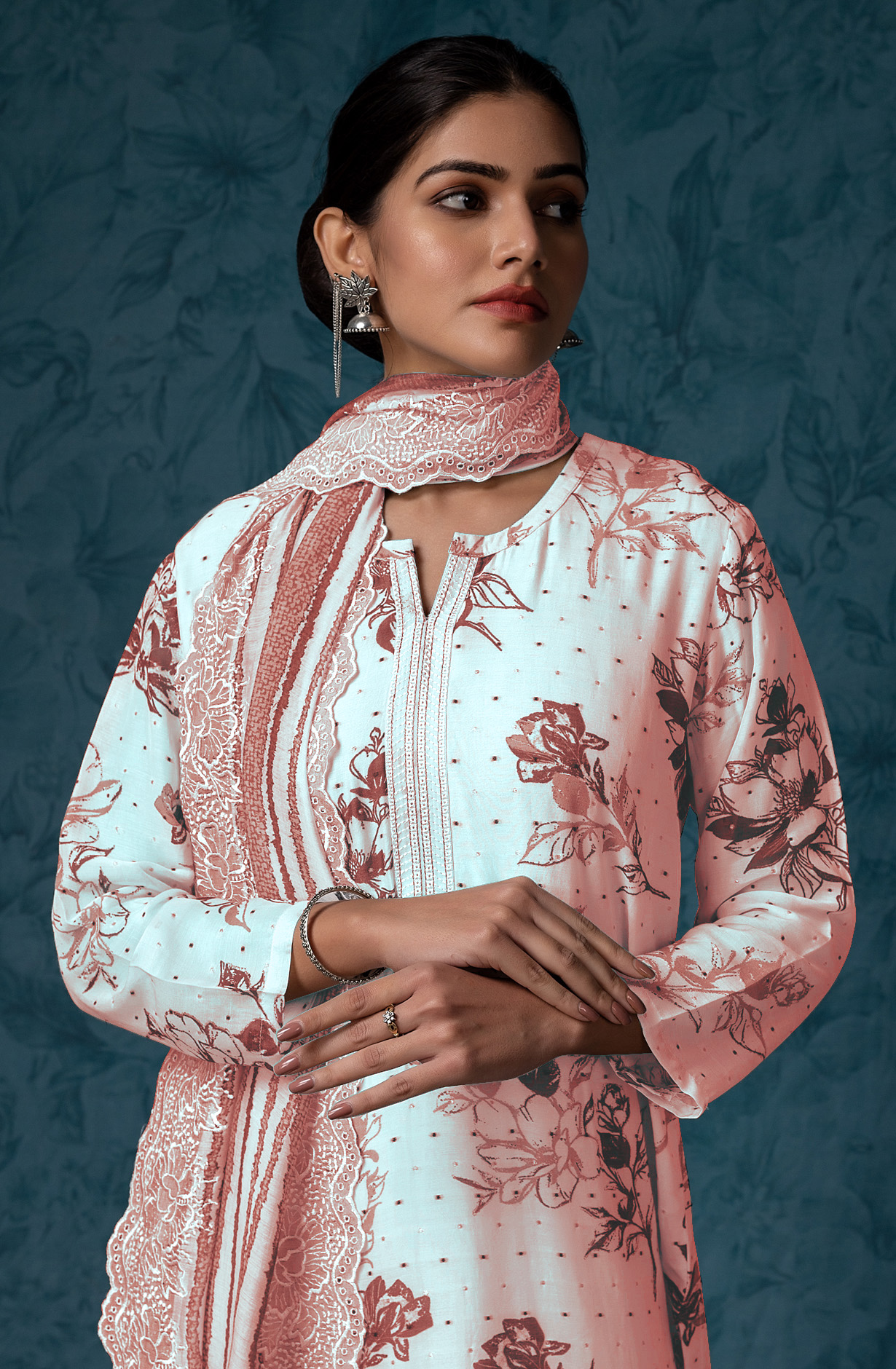Mauve and White Muslin Dobby with Digital Print Suit-set - RAN1840C