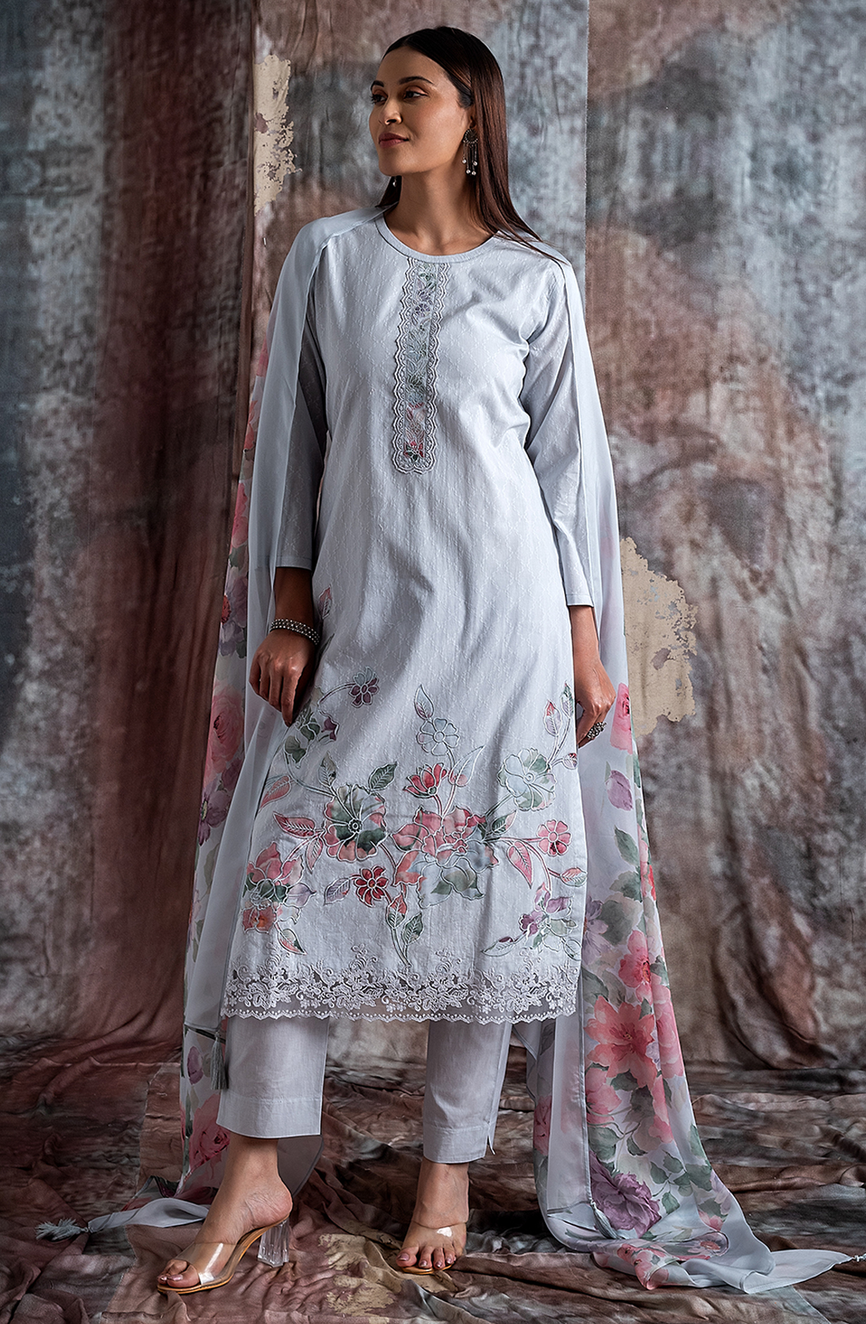 Grey Cotton Jacquard Salwar Kameez with Beautiful Organza Dupatta - RAN2172A