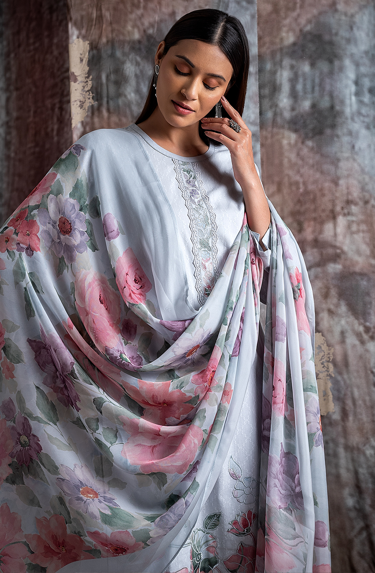 Grey Cotton Jacquard Salwar Kameez with Beautiful Organza Dupatta - RAN2172A