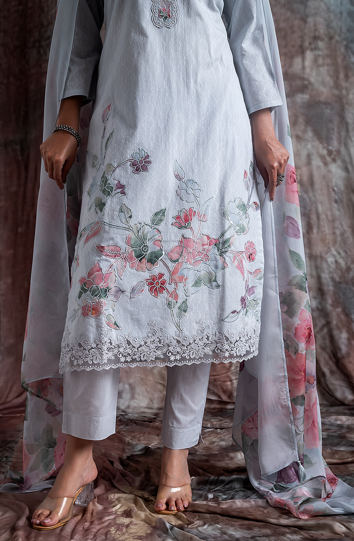 Grey Cotton Jacquard Salwar Kameez with Beautiful Organza Dupatta - RAN2172A