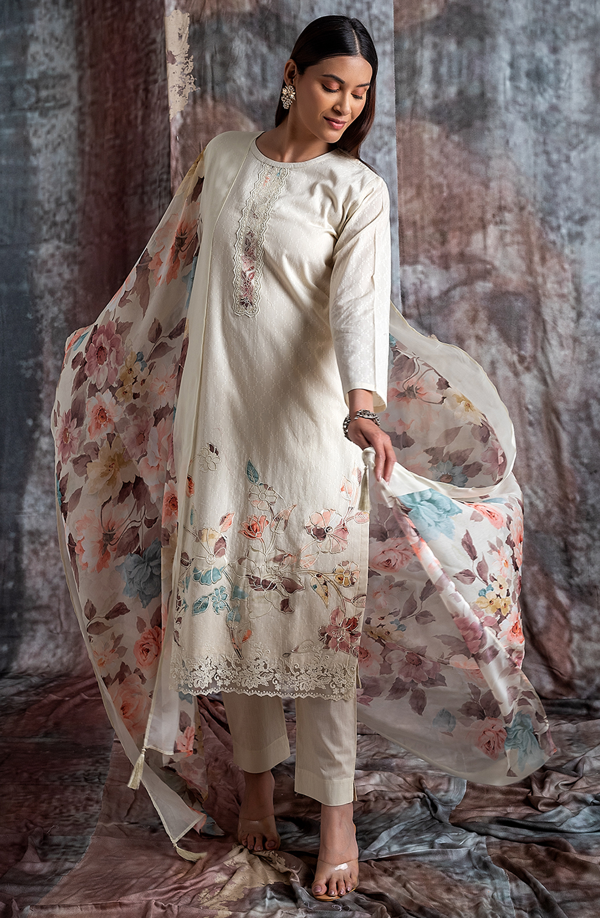 Cream Cotton Jacquard Salwar Kameez with Beautiful Organza Dupatta - RAN2172B