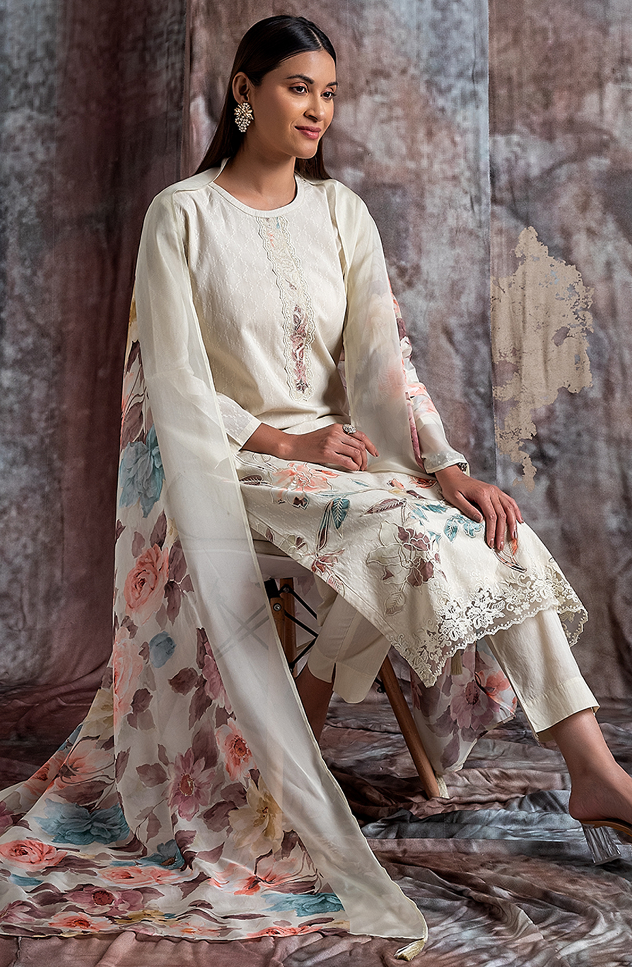 Cream Cotton Jacquard Salwar Kameez with Beautiful Organza Dupatta - RAN2172B
