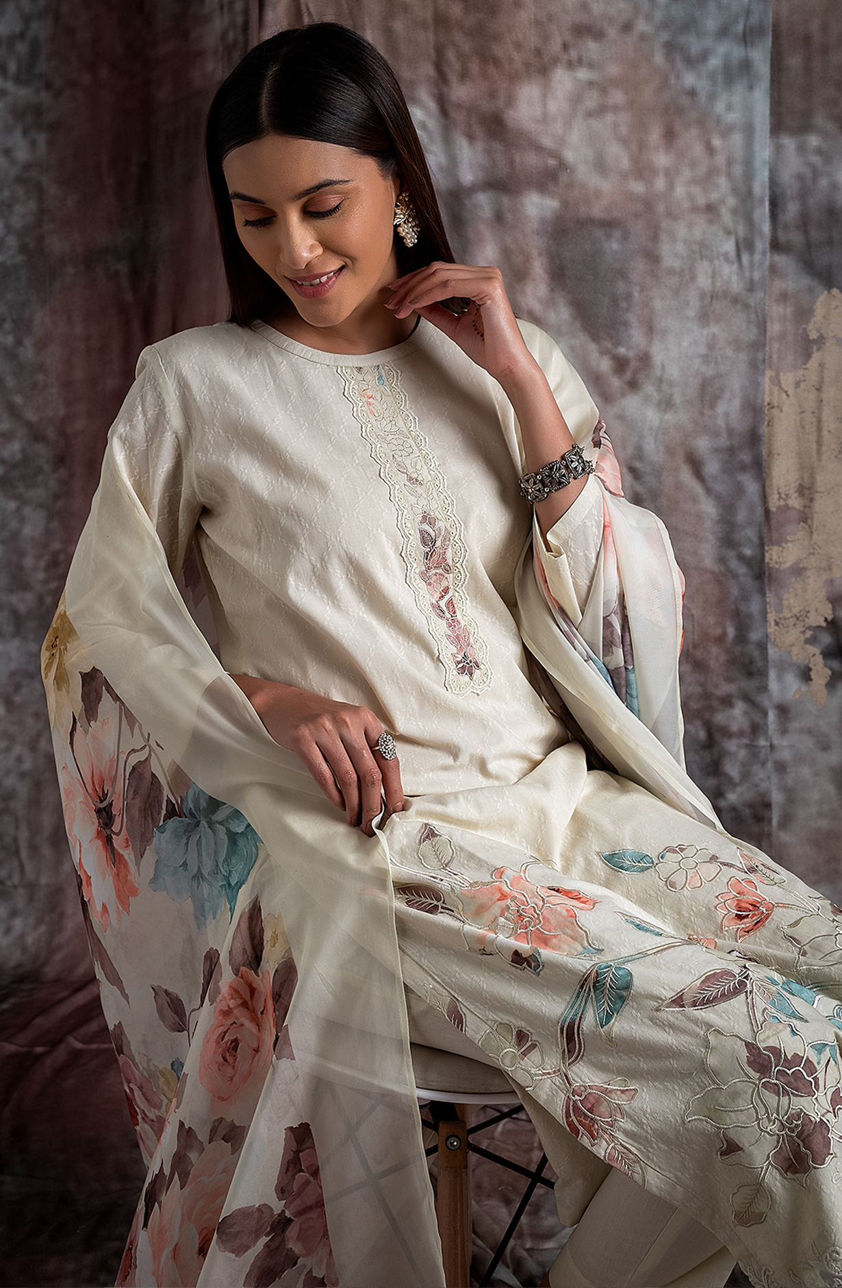 Cream Cotton Jacquard Salwar Kameez with Beautiful Organza Dupatta - RAN2172B