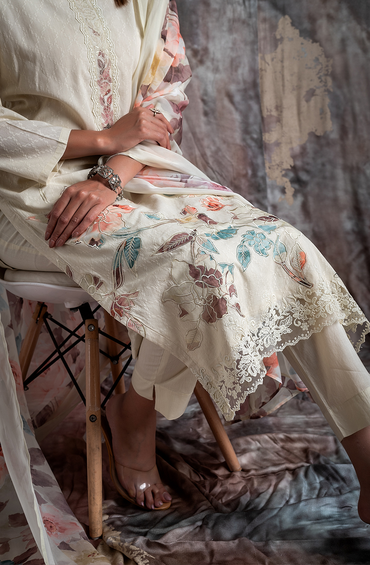 Cream Cotton Jacquard Salwar Kameez with Beautiful Organza Dupatta - RAN2172B