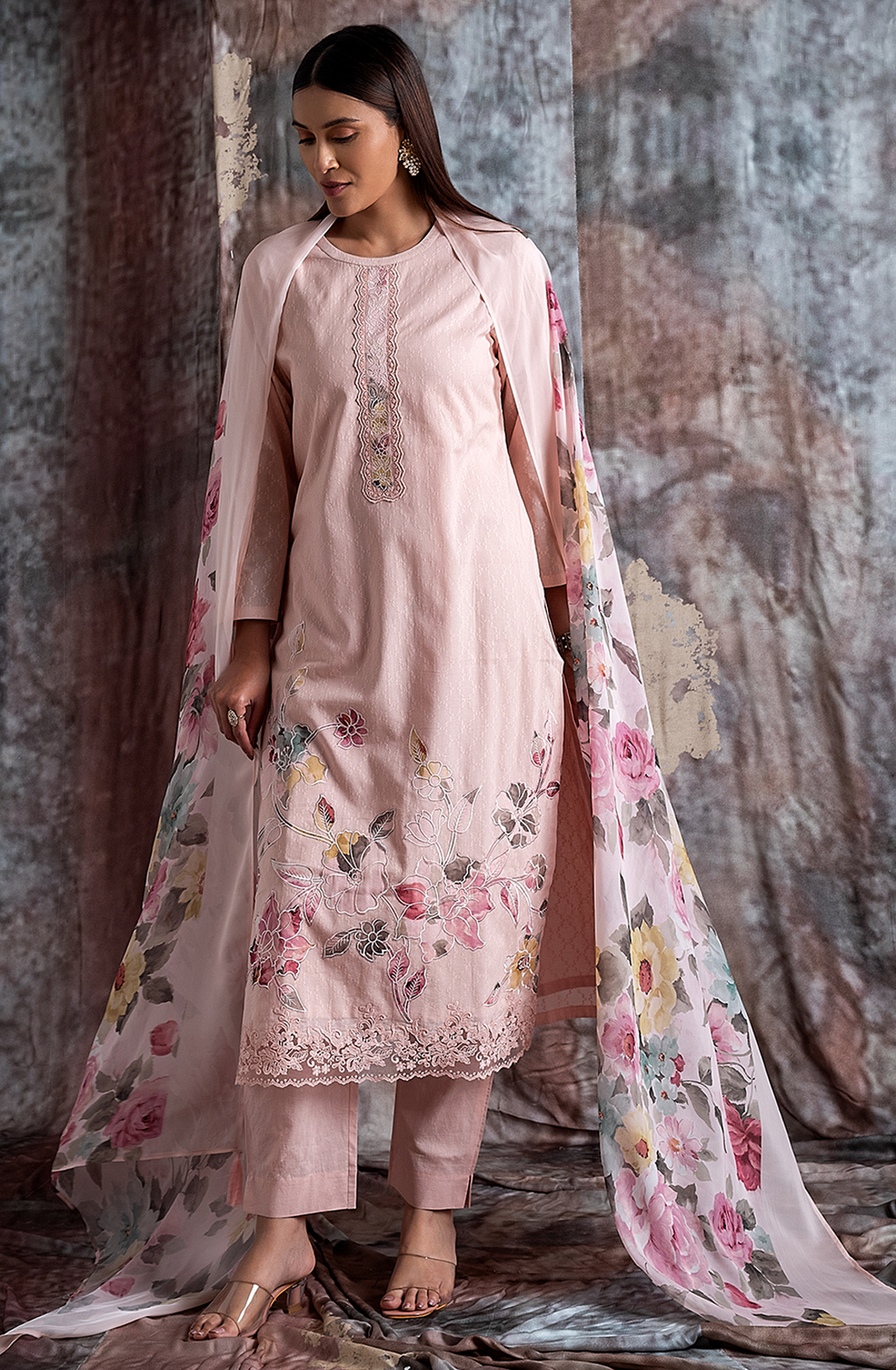 Peach Cotton Jacquard Salwar Kameez with Beautiful Organza Dupatta - RAN2172C