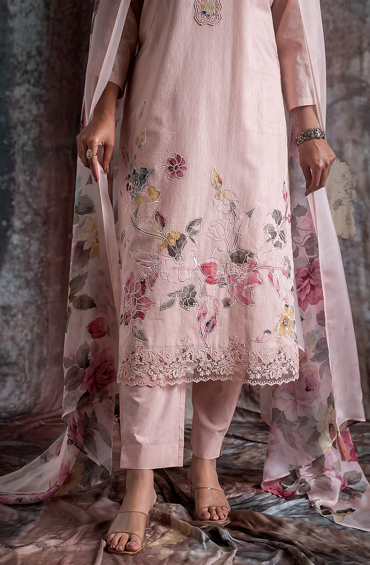 Peach Cotton Jacquard Salwar Kameez with Beautiful Organza Dupatta - RAN2172C