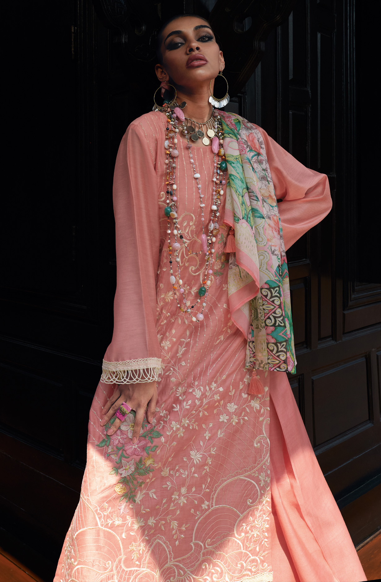 Peach Designer Muslin Silk Embroidered Salwar Kameez - RANJ03
