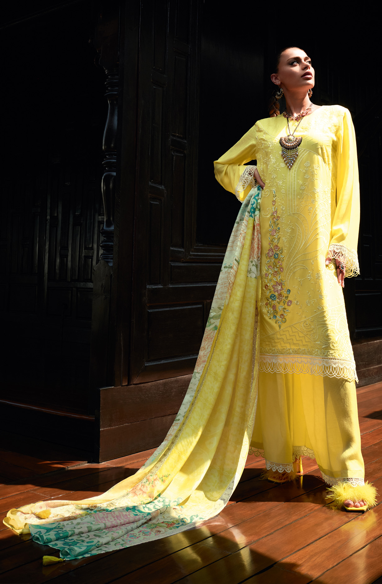 Yellow Designer Muslin Silk Embroidered Salwar Kameez - RANJ05