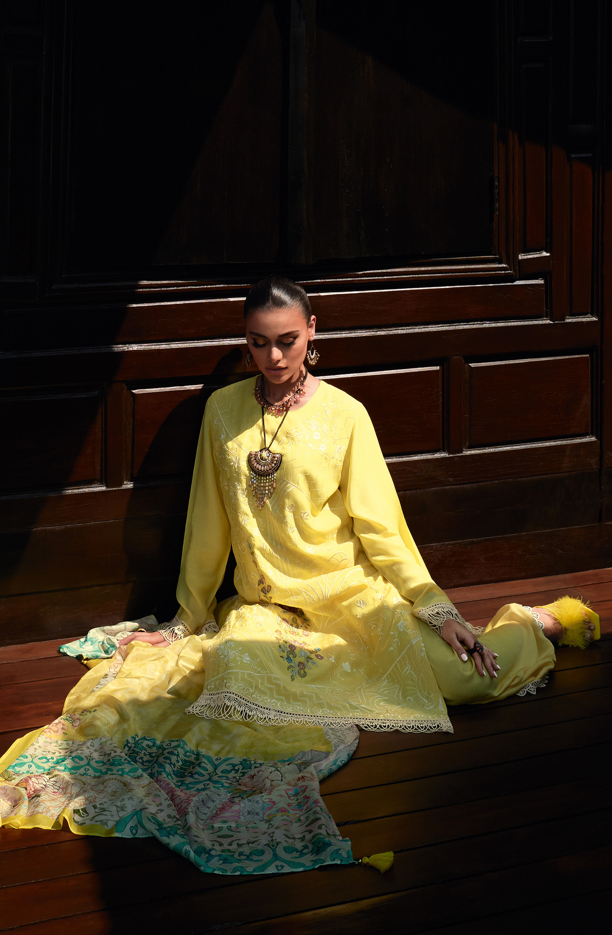 Yellow Designer Muslin Silk Embroidered Salwar Kameez - RANJ05