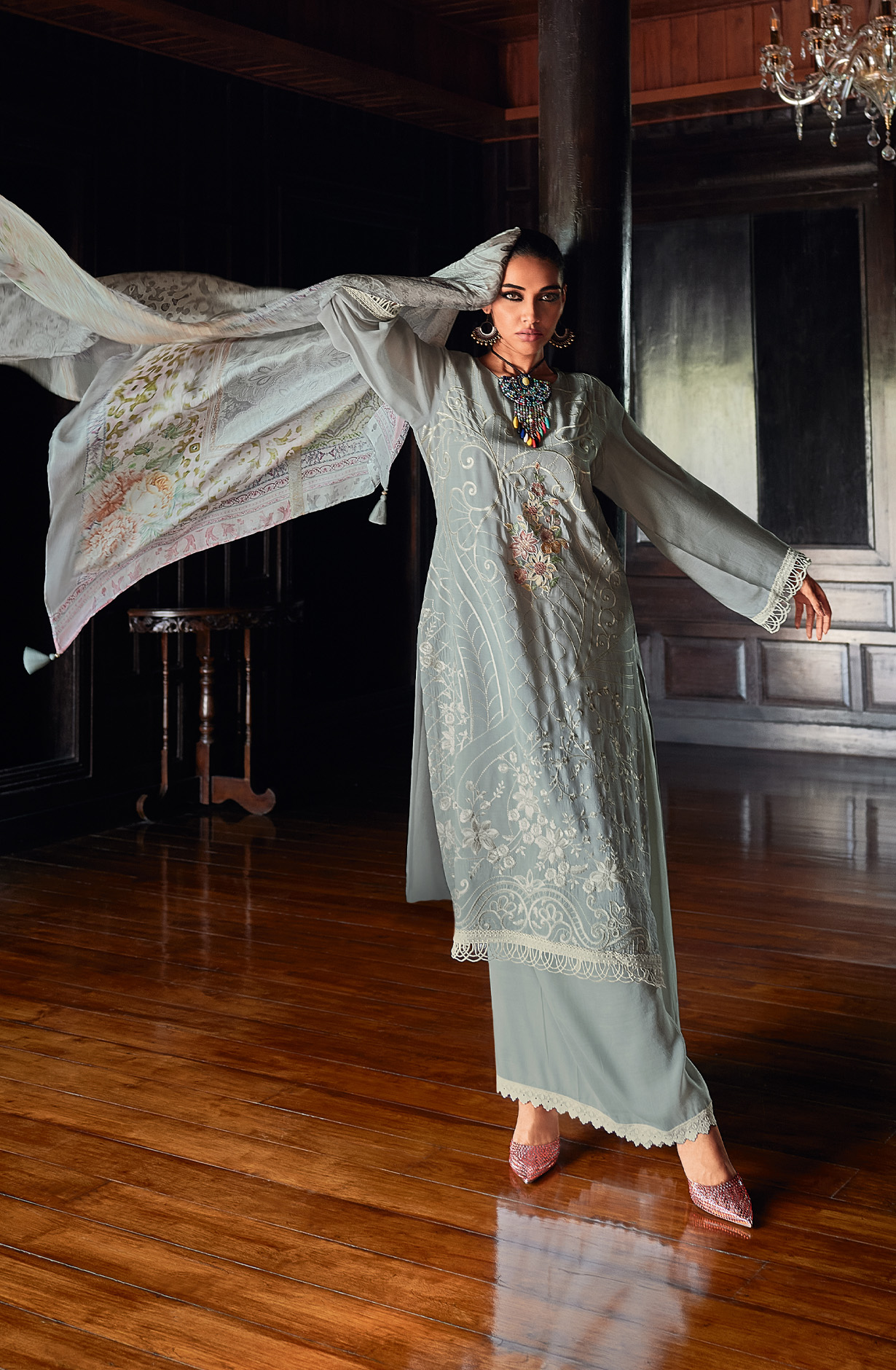 Grey Designer Muslin Silk Embroidered Salwar Kameez - RANJ06