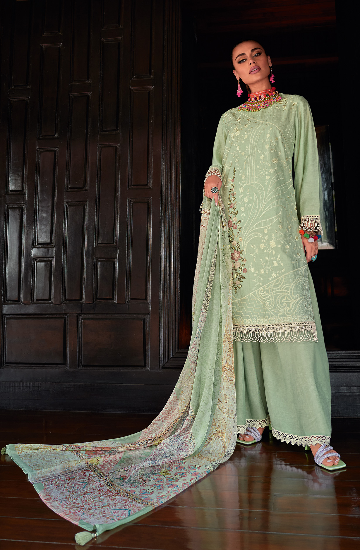 Sea Green Designer Muslin Silk Embroidered Salwar Kameez - RANJ07