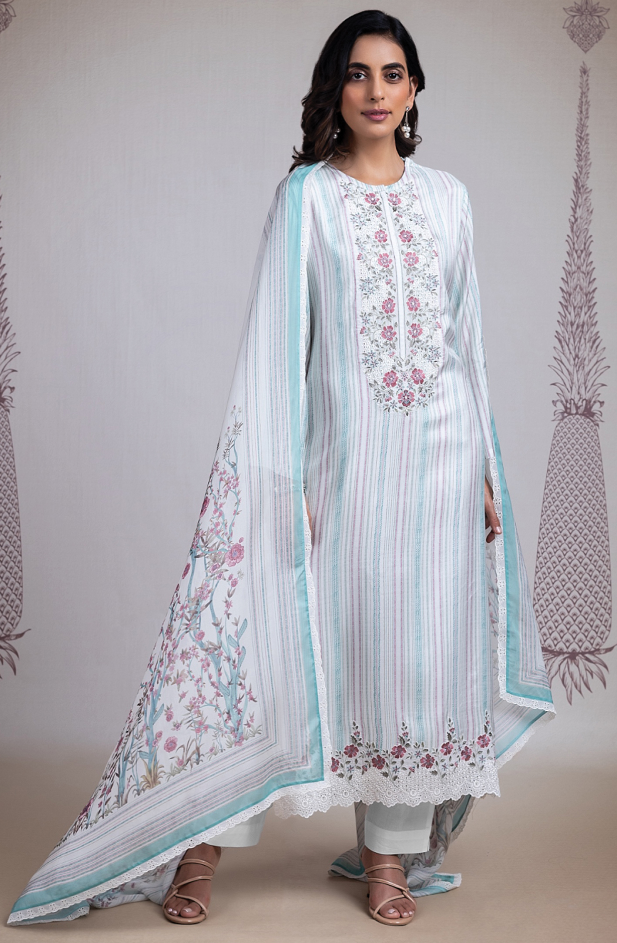 Blue Muslin Suit Set with Organza Dupatta -RAY2449B