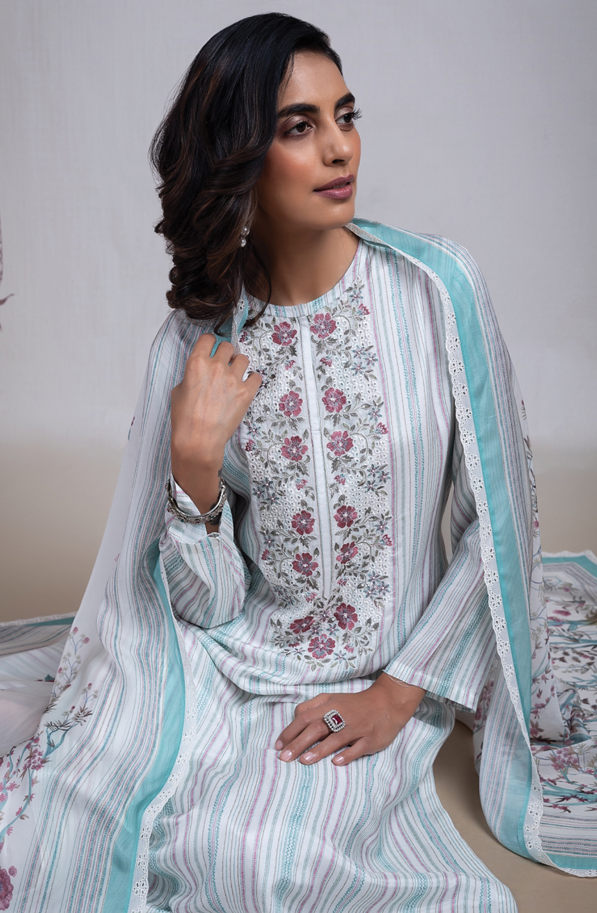 Blue Muslin Suit Set with Organza Dupatta -RAY2449B