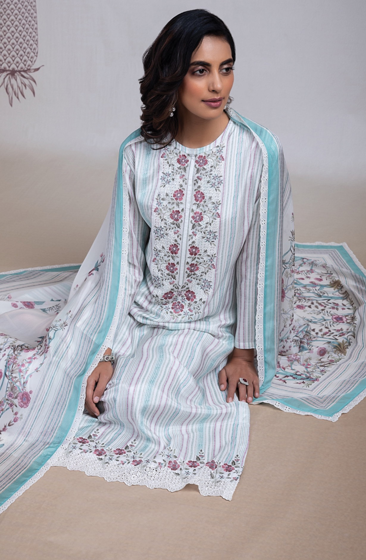 Blue Muslin Suit Set with Organza Dupatta -RAY2449B