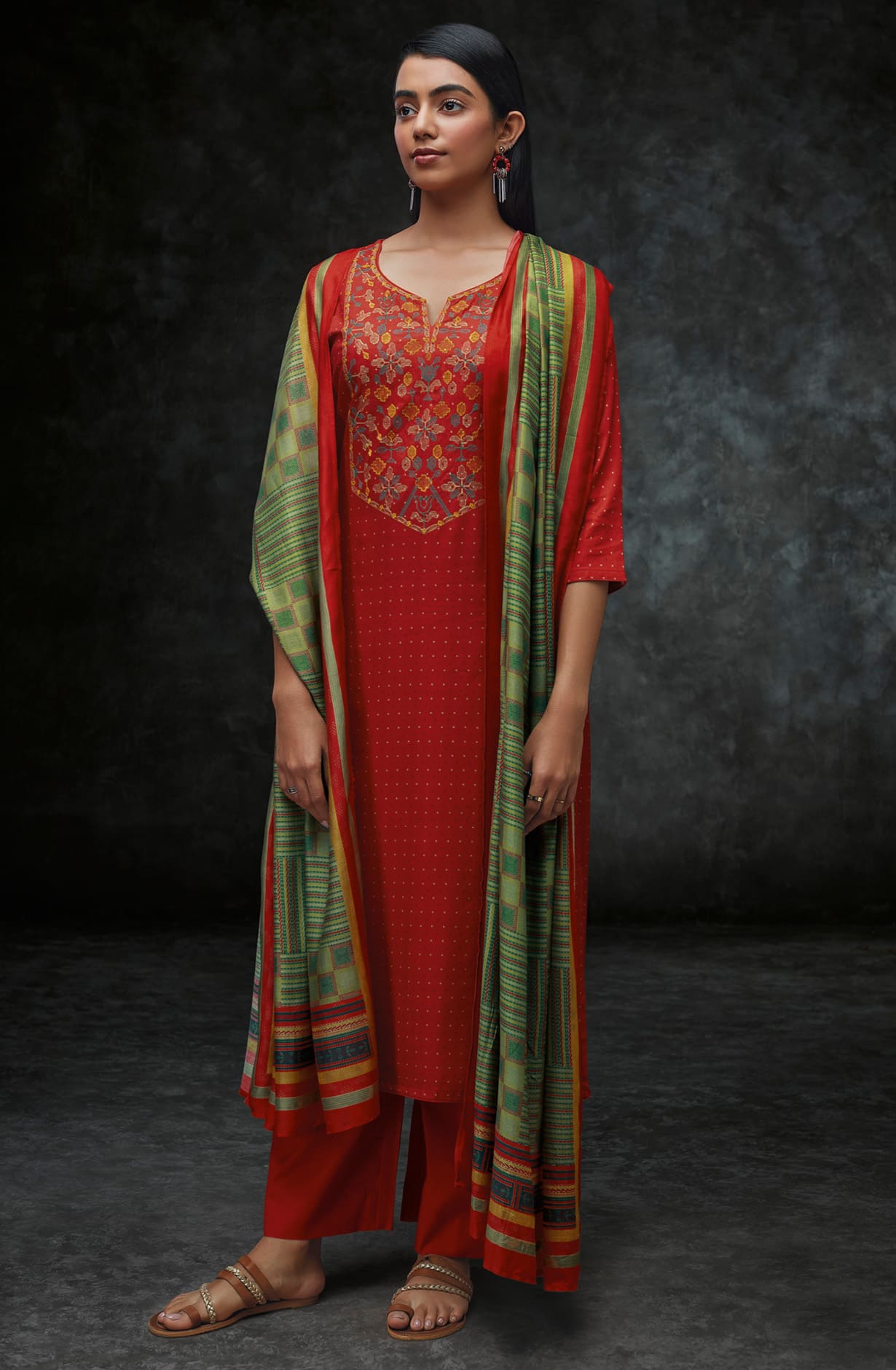 Red Spun Winterwear Printed Unstitched Salwar Kameez - KEYS1231C