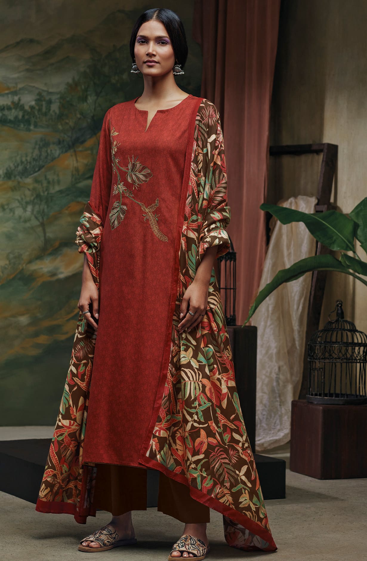 Red Spun Winterwear Unstitched Salwar Suit-set with Chinon Dupatta - SYMC1259