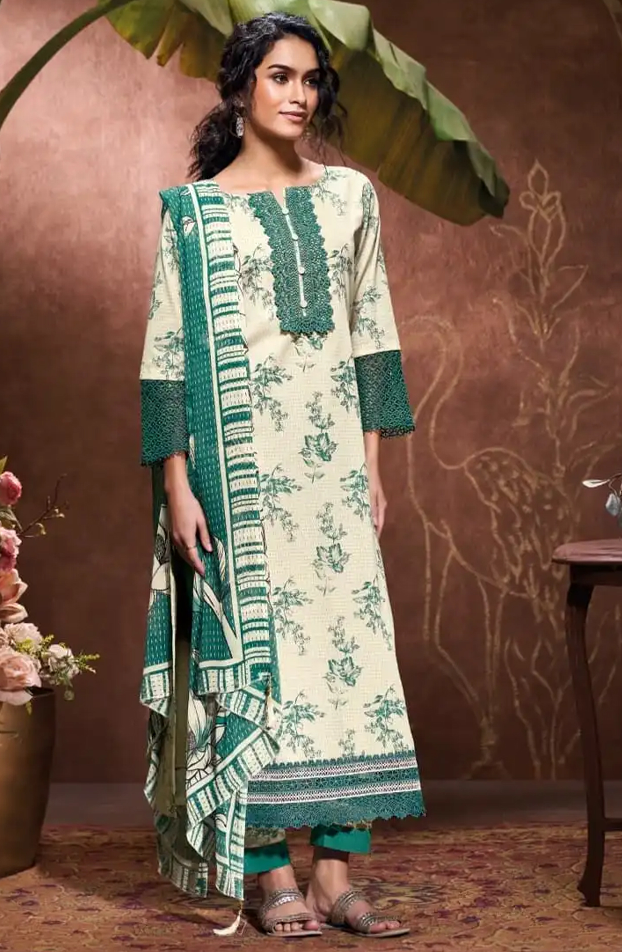 Green Cotton Suit Set with Dupatta - REY10186