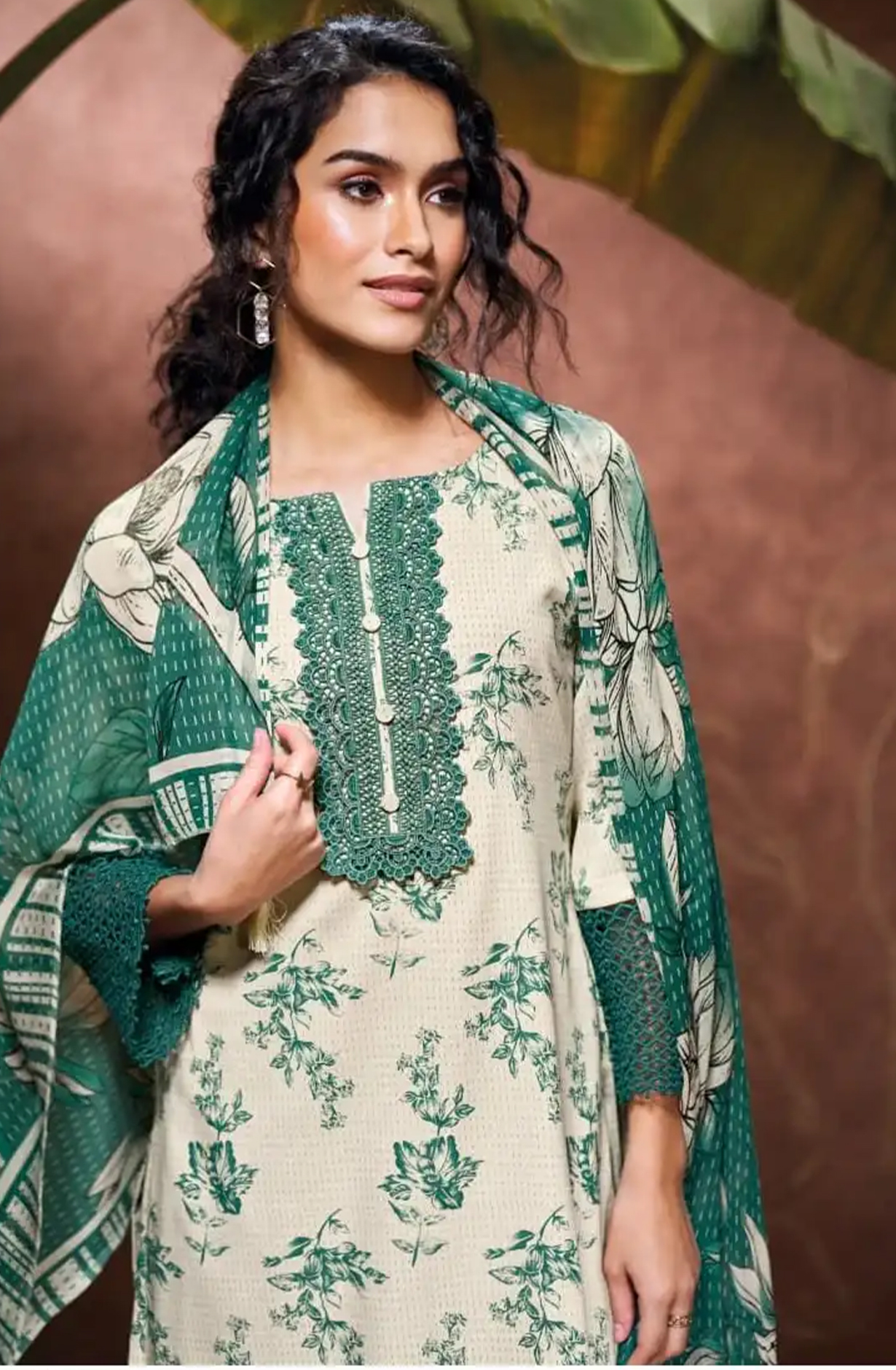 Green Cotton Suit Set with Dupatta - REY10186