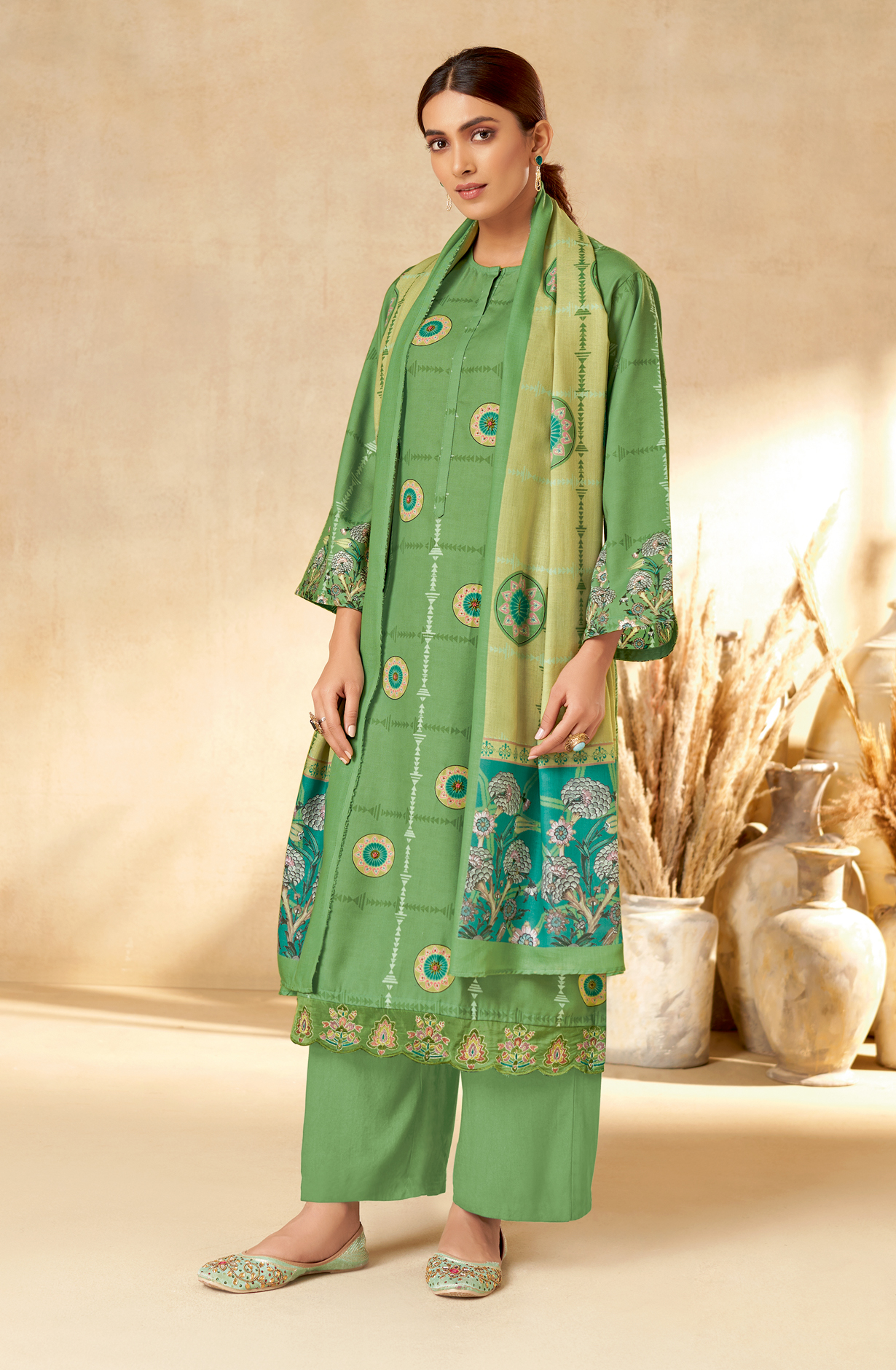 Green Pashmina Unstitched Printed Salwar Suit - REYH612