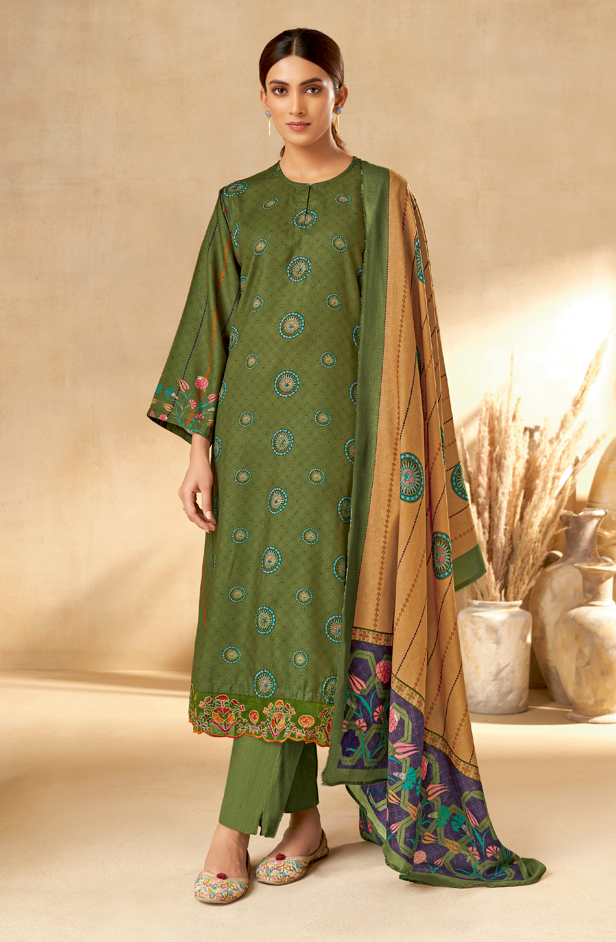 Green Pashmina Unstitched Printed Salwar Kameez - REYH624