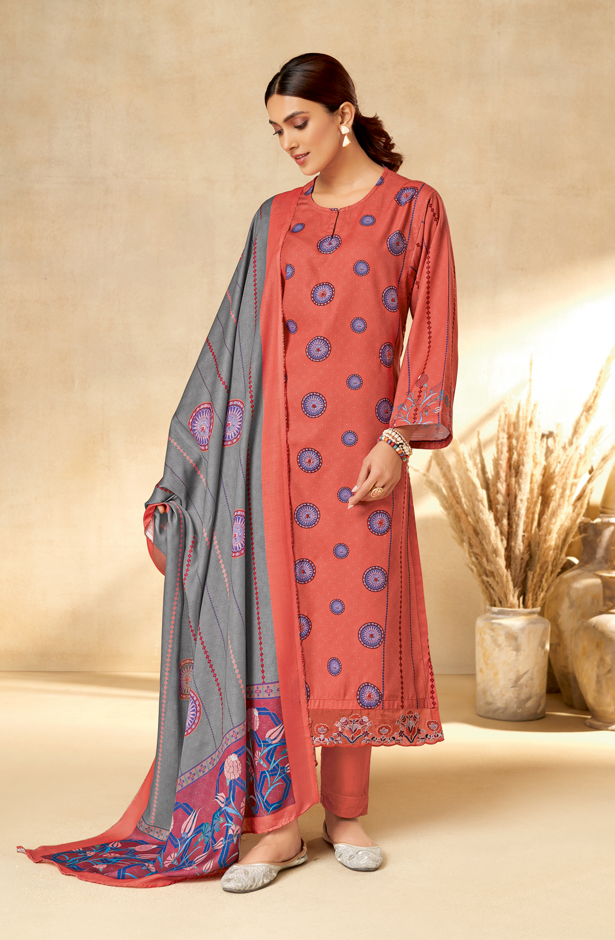 Peach Pashmina Unstitched Printed Salwar Kameez - REYH645