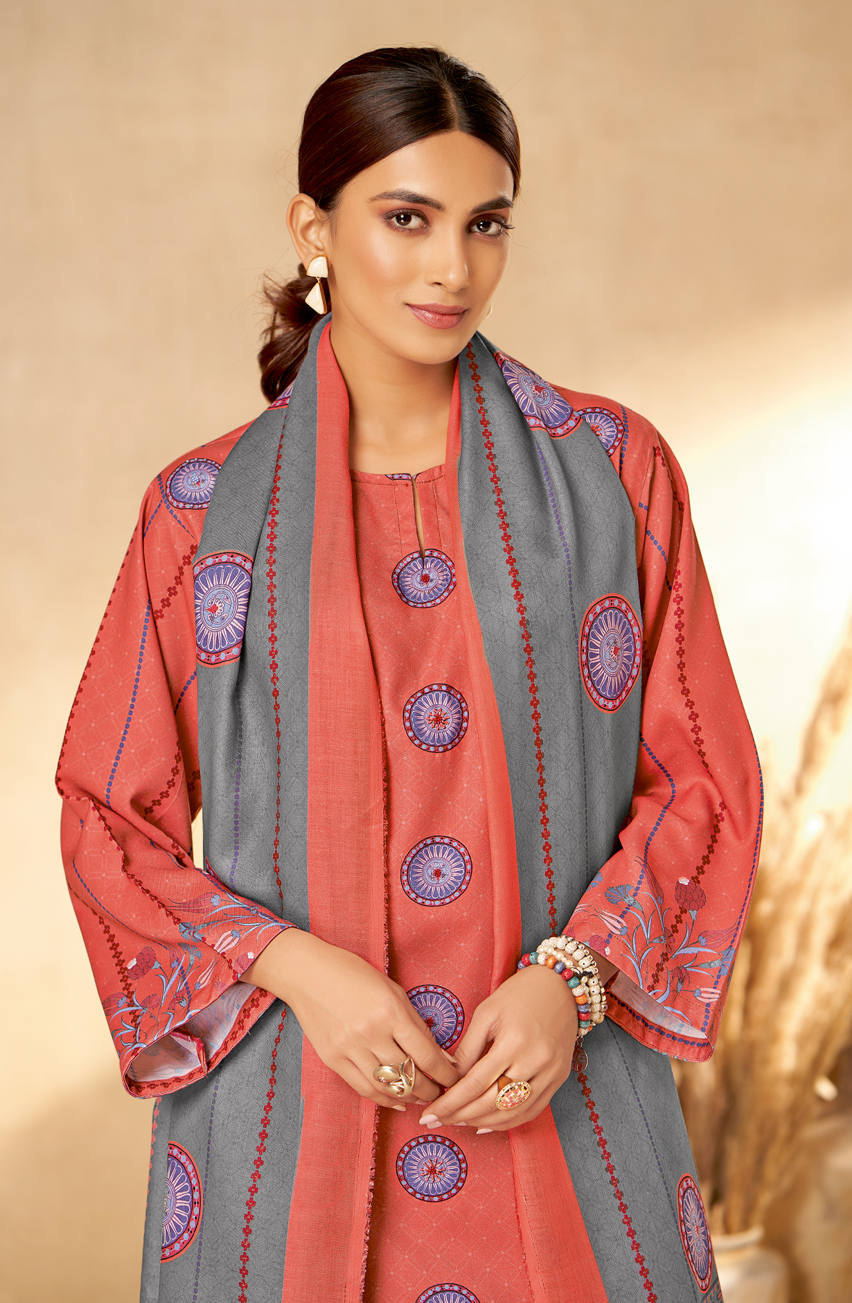 Peach Pashmina Unstitched Printed Salwar Kameez - REYH645