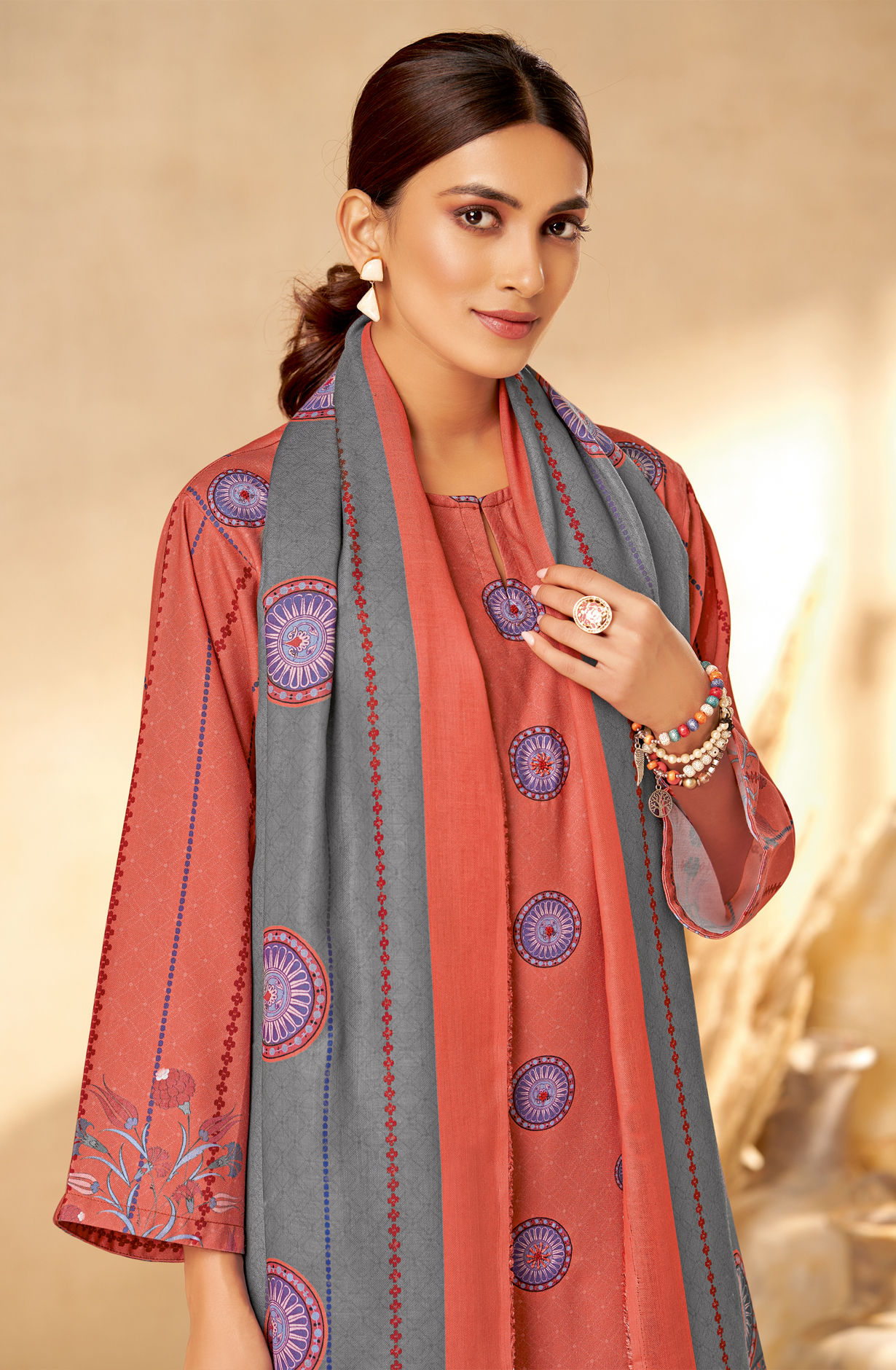 Peach Pashmina Unstitched Printed Salwar Kameez - REYH645