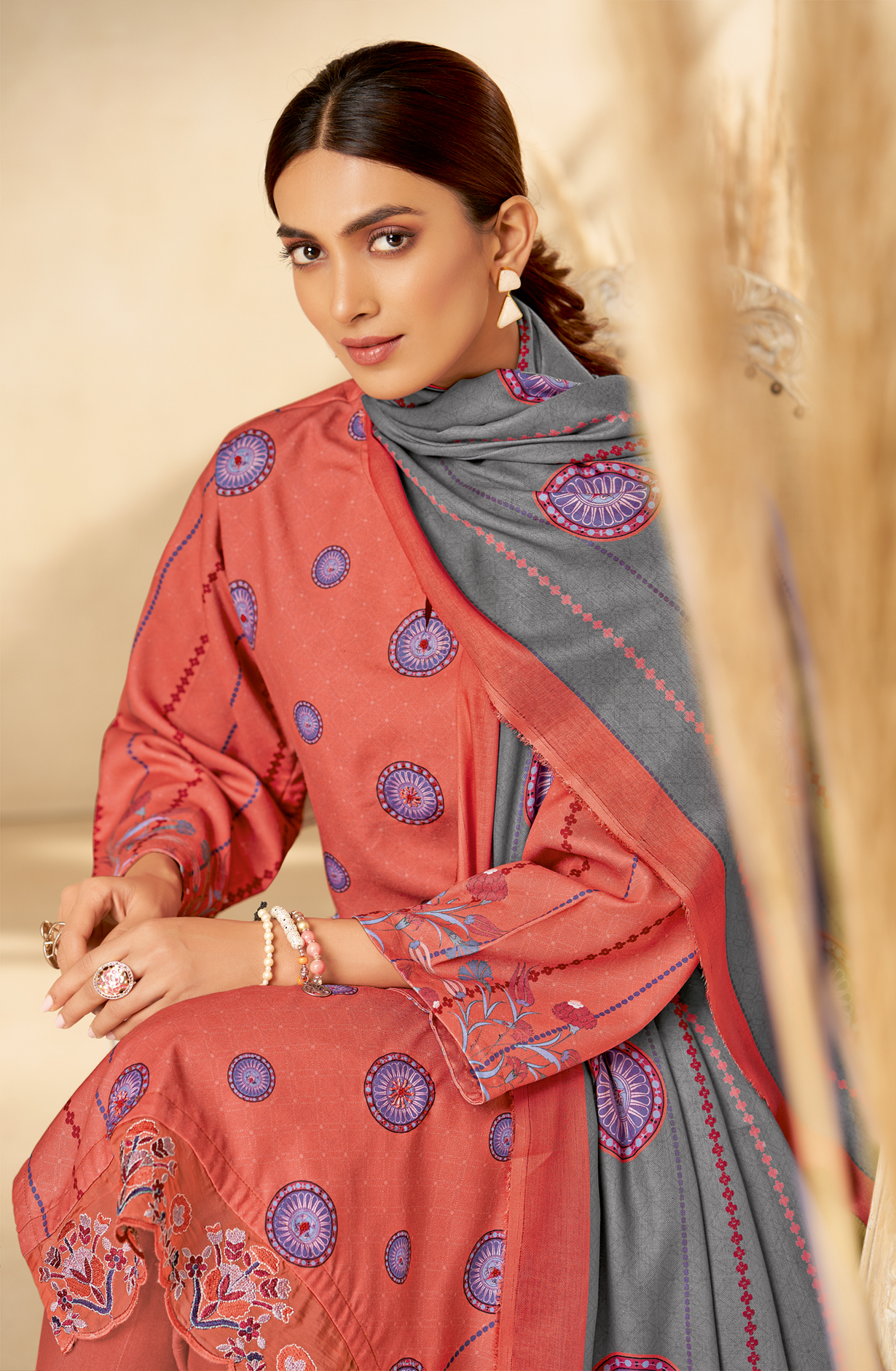 Peach Pashmina Unstitched Printed Salwar Kameez - REYH645