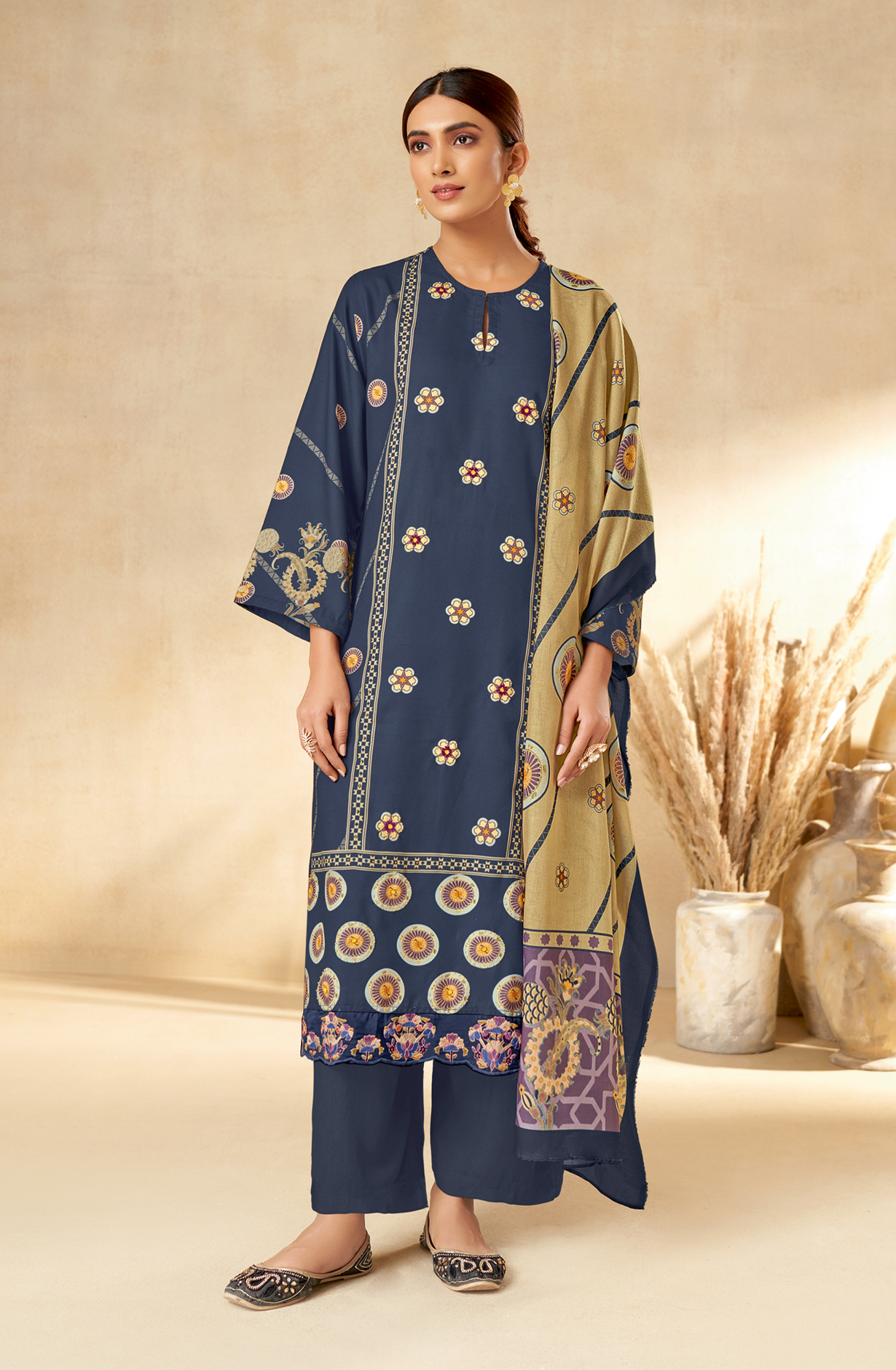 Blue Pashmina Unstitched Printed Salwar Kameez - REYH667