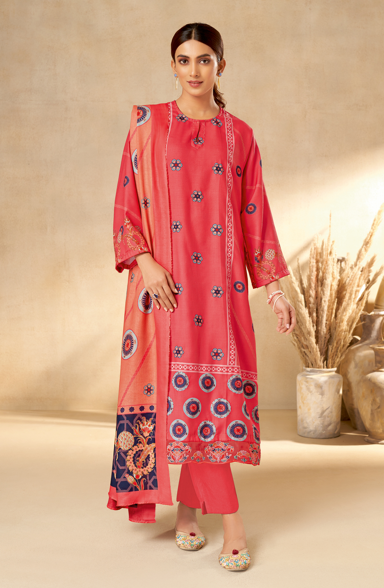 Peach Pashmina Unstitched Printed Salwar Kameez - REYH681
