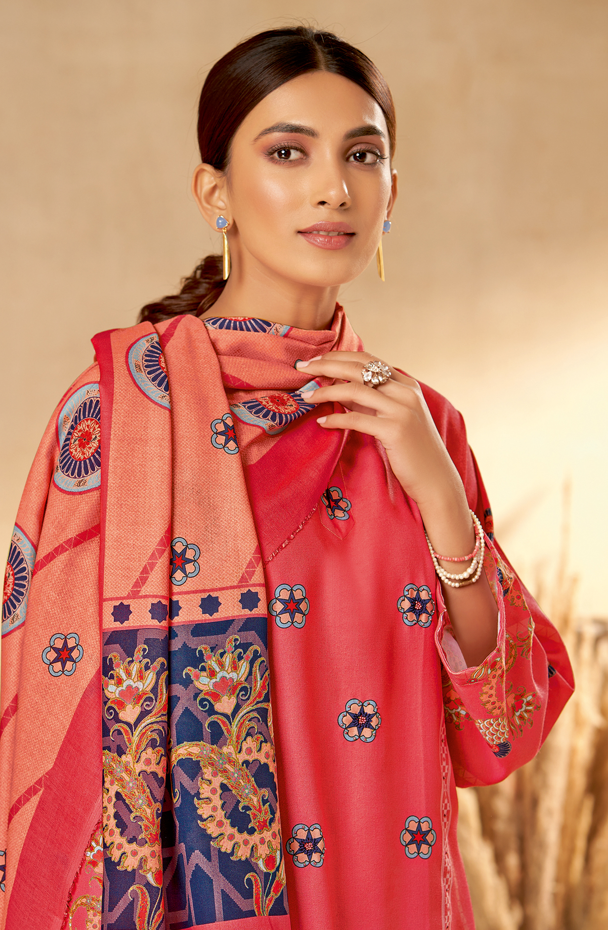 Peach Pashmina Unstitched Printed Salwar Kameez - REYH681