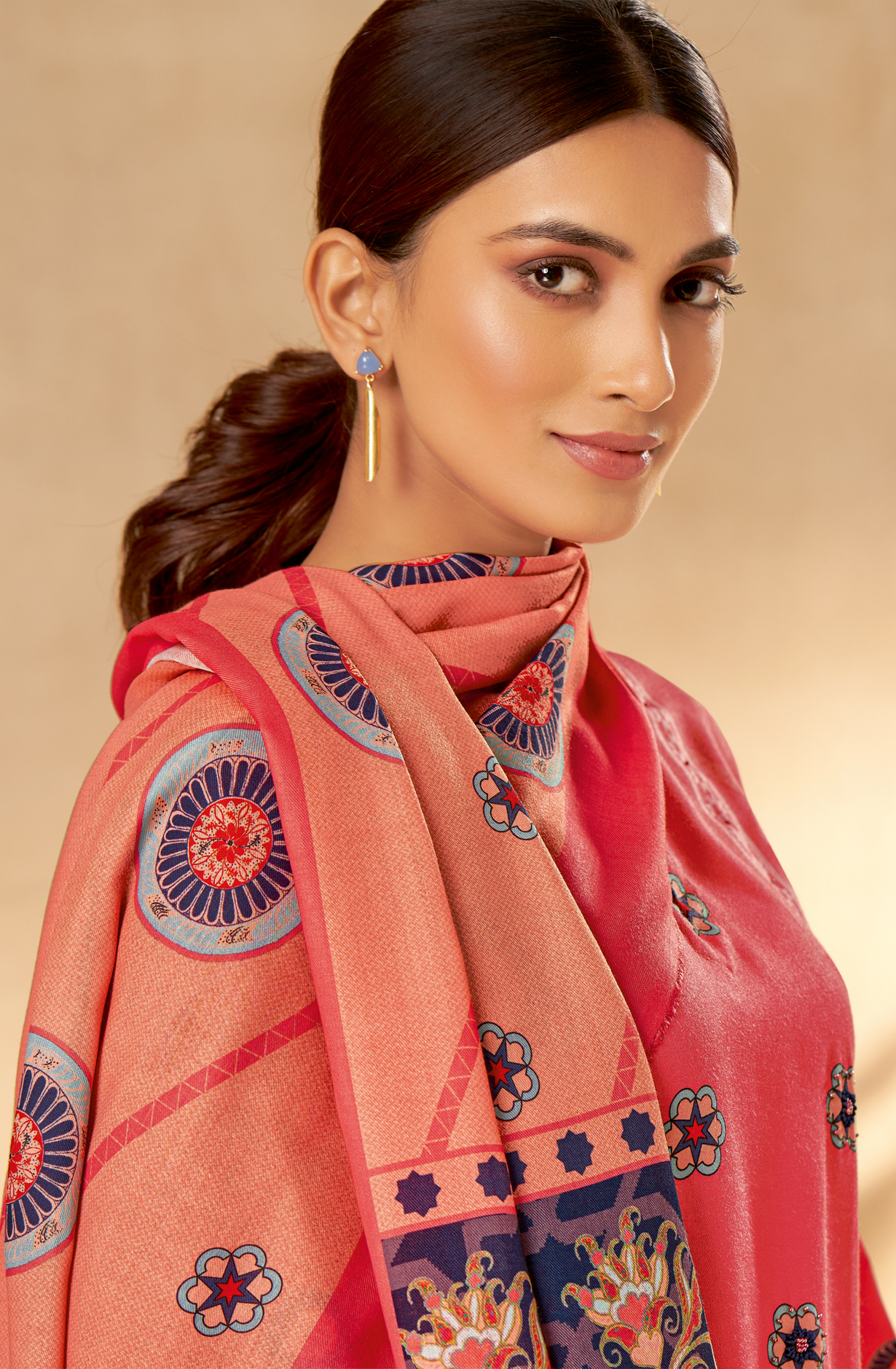 Peach Pashmina Unstitched Printed Salwar Kameez - REYH681