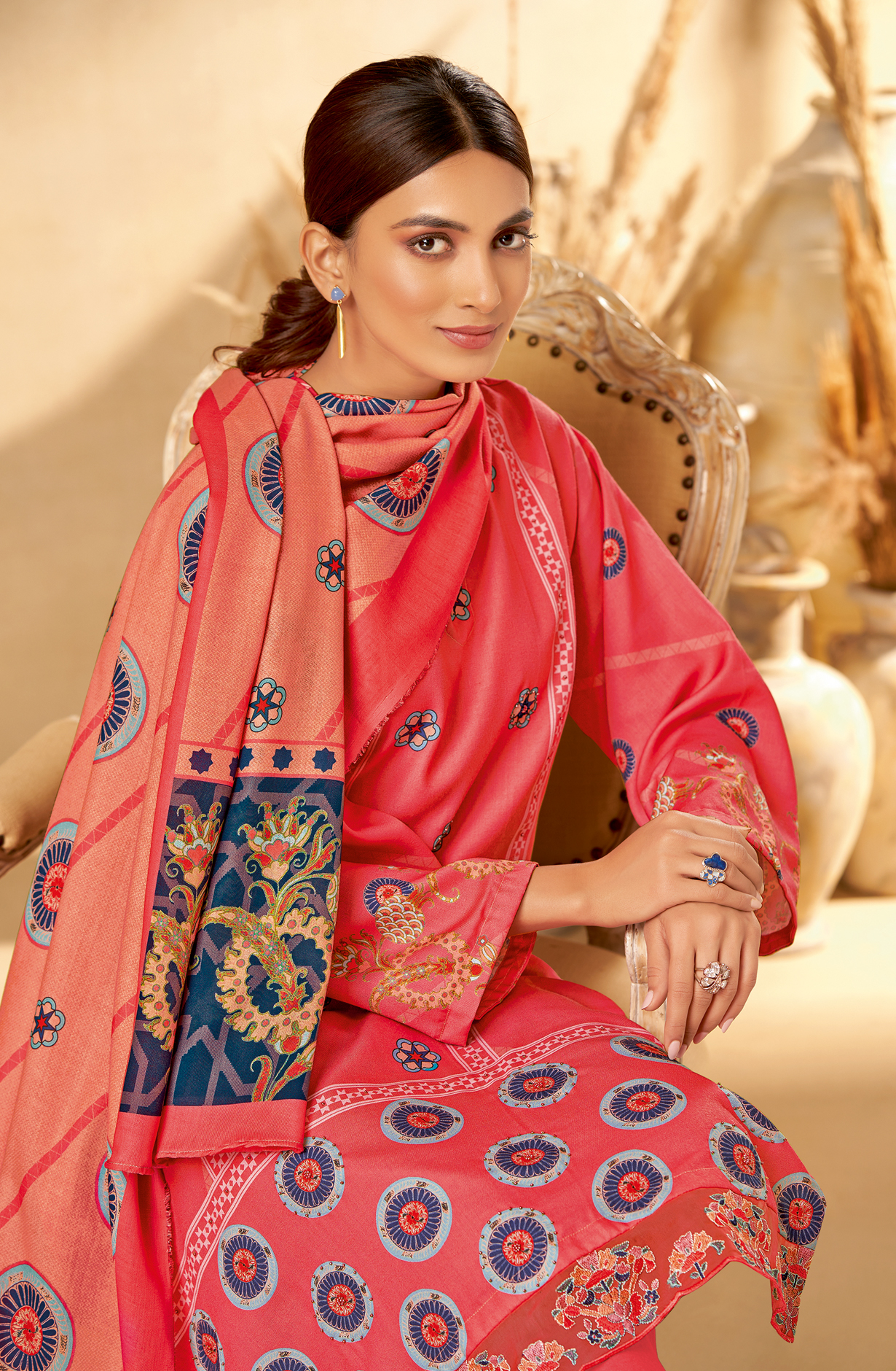 Peach Pashmina Unstitched Printed Salwar Kameez - REYH681