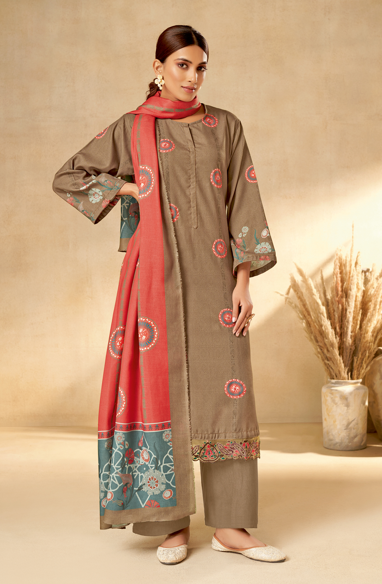 Beige Pashmina Unstitched Printed Salwar Kameez - REYH687