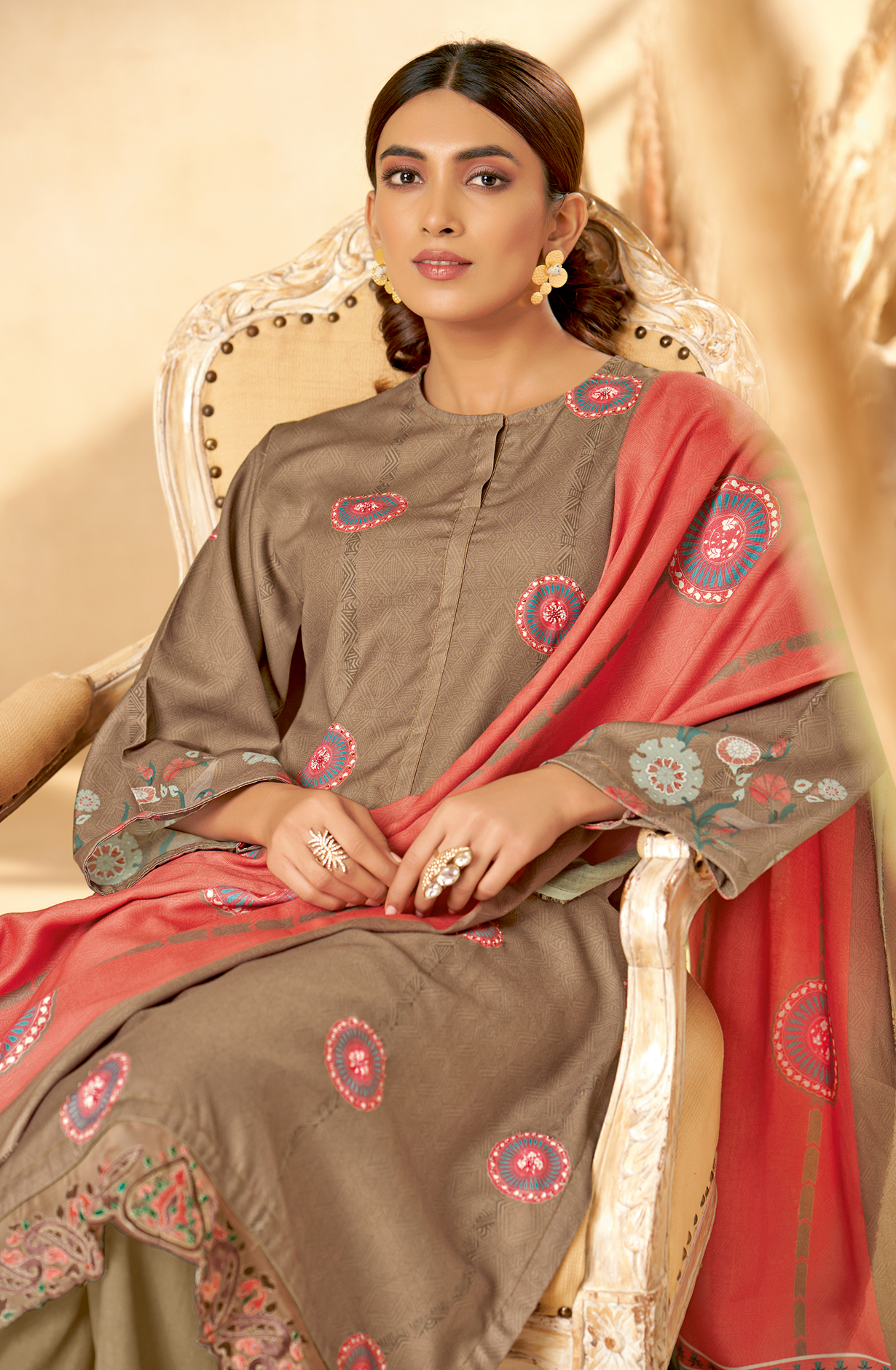 Beige Pashmina Unstitched Printed Salwar Kameez - REYH687