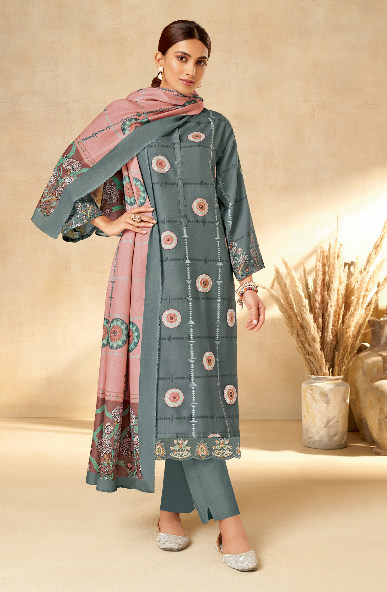 Grey Pashmina Unstitched Printed Salwar Kameez - REYH697
