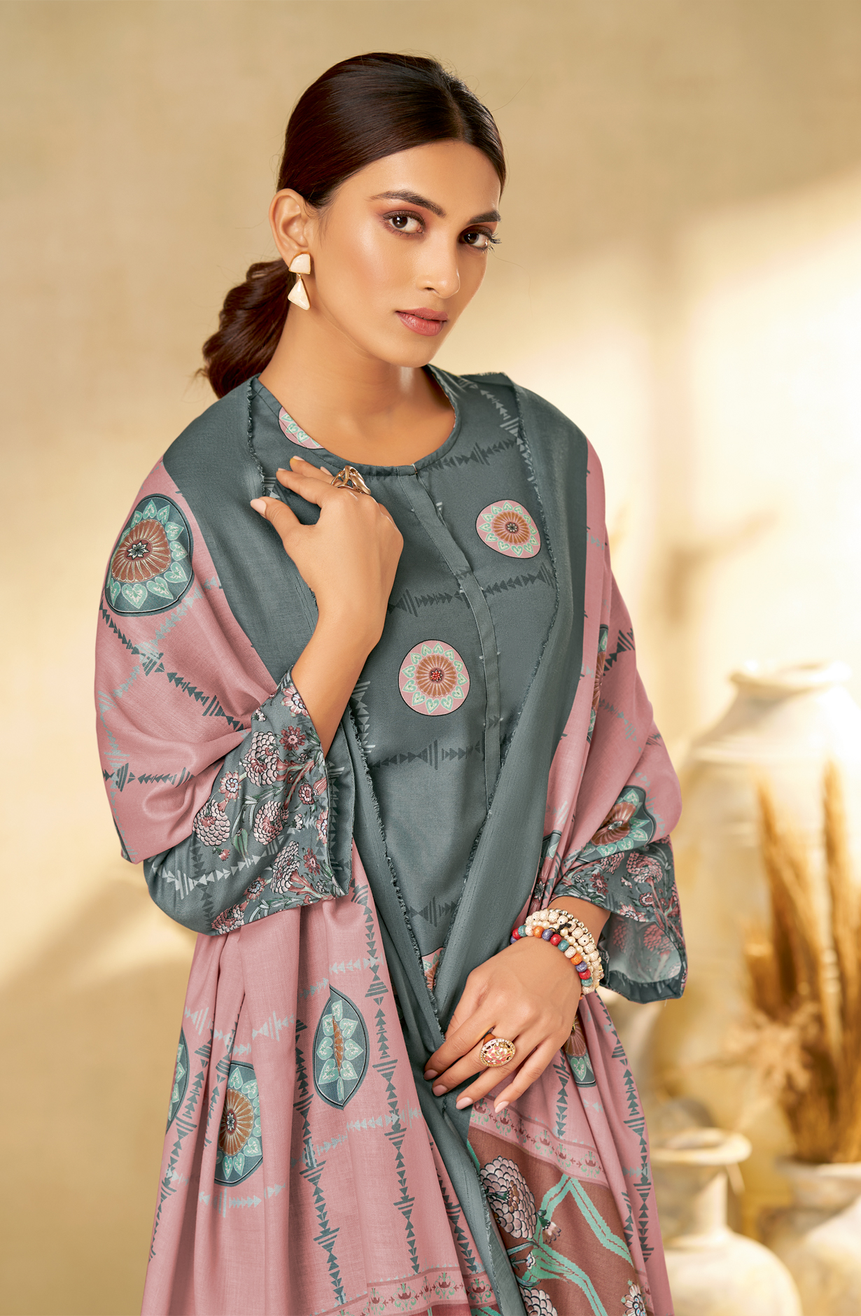 Grey Pashmina Unstitched Printed Salwar Kameez - REYH697