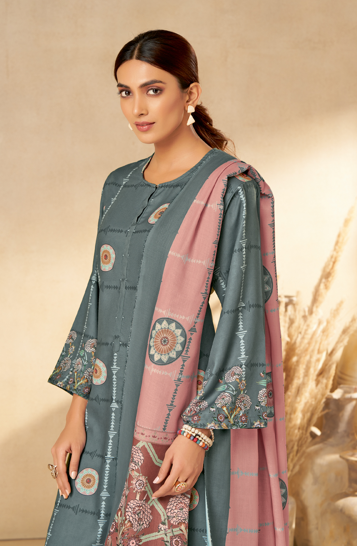 Grey Pashmina Unstitched Printed Salwar Kameez - REYH697