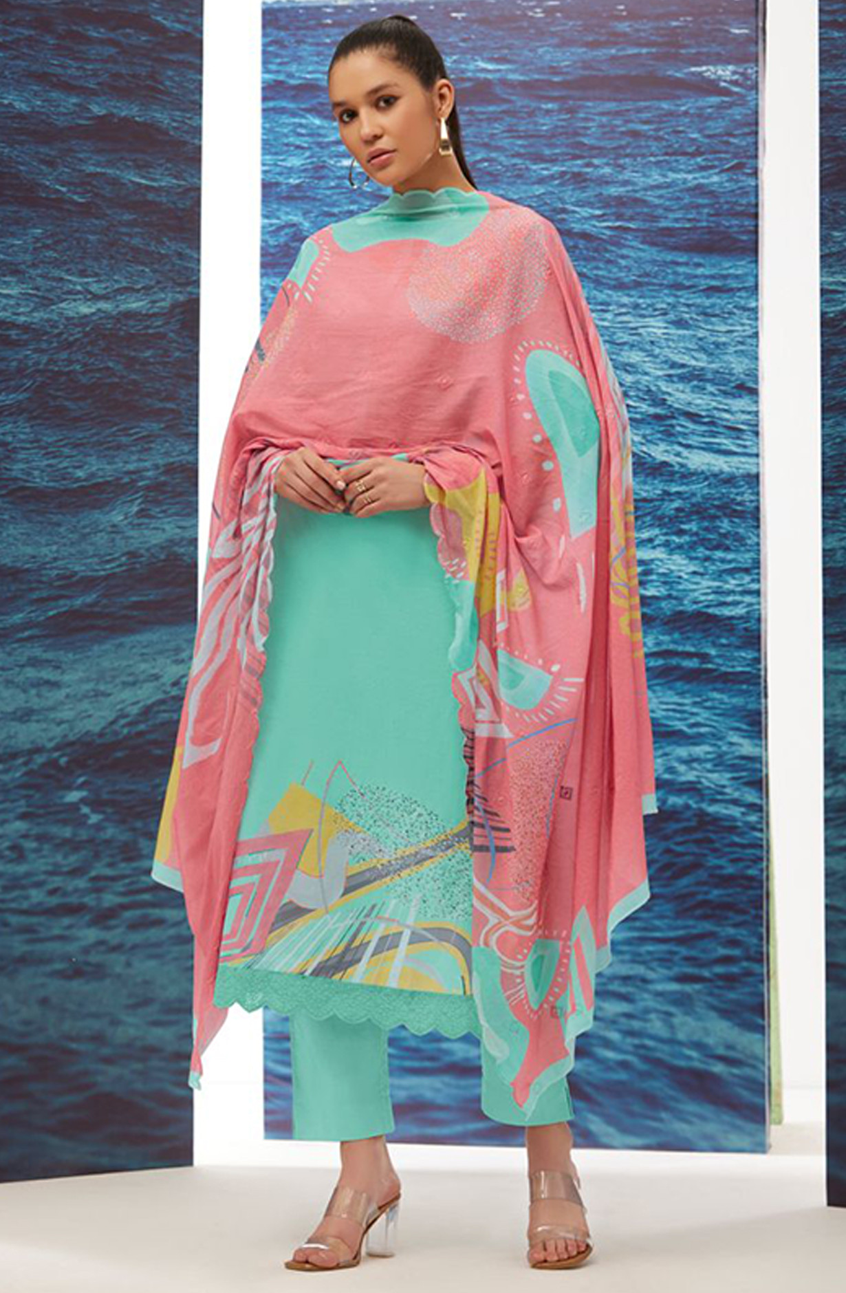 Green Cotton lawn Digital Printed Suit Set - RHE201