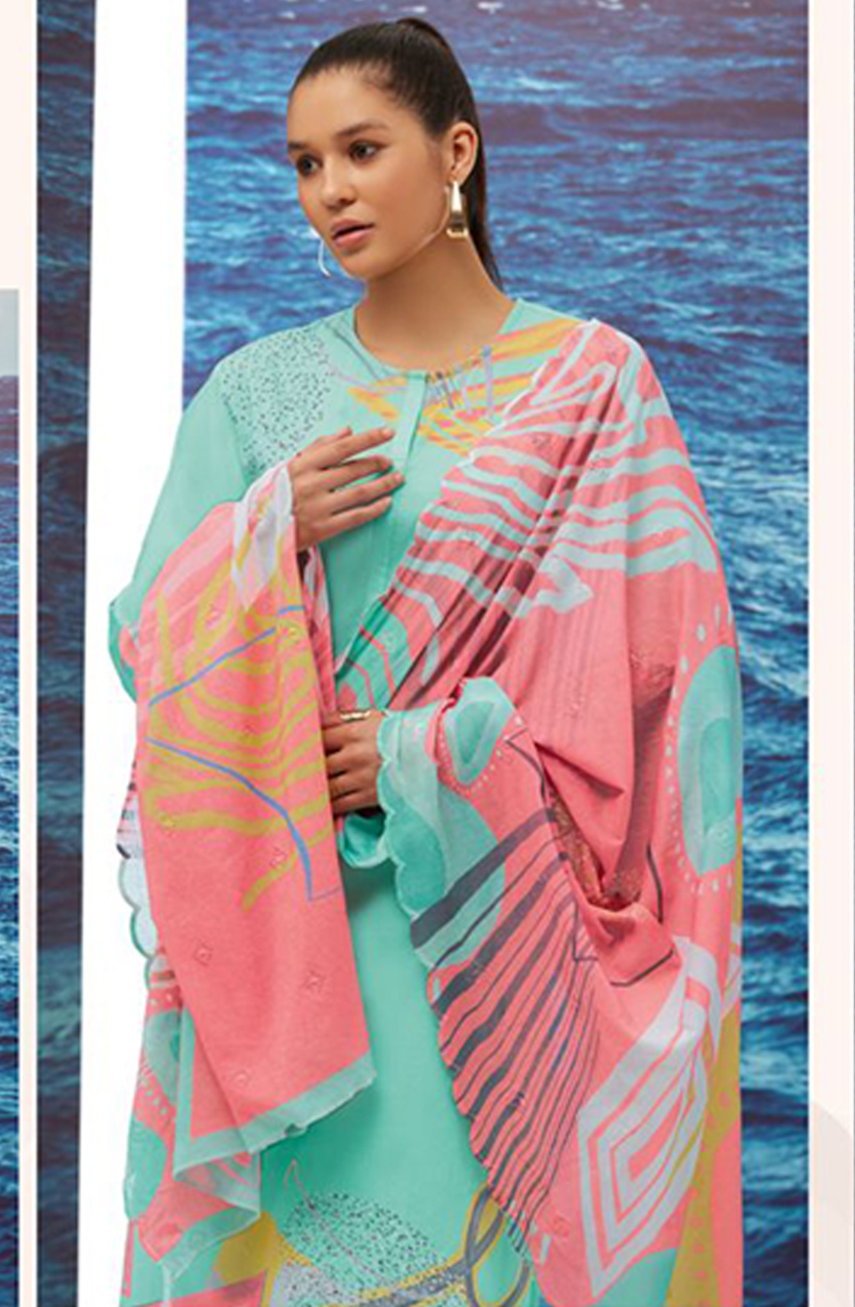 Green Cotton lawn Digital Printed Suit Set - RHE201